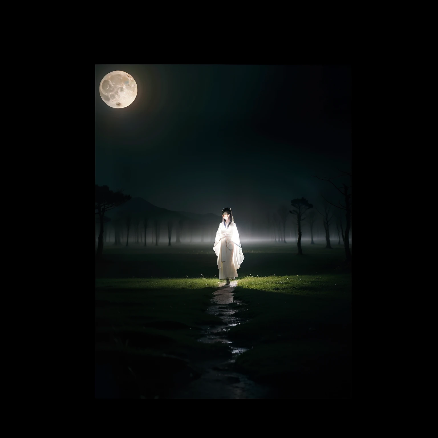 View of the Japan、a beauty girl、full body Esbian、ghosts、Grave、Temples、moonlight、white clothes、kimono、haunted、
horor、roto、Distorted、a moon、Foggy、fumo、dark forest、shadowy creatures、tray、Human soul、youkai、Demon Fox、
masterpiece、超A high resolution、hightquality、lighting like a movie、