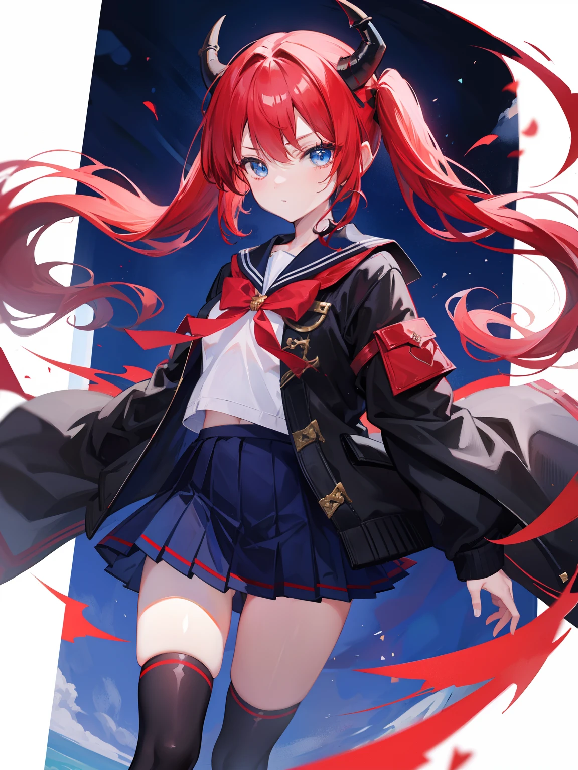 red hair, blue eyes, twintails, Sailor suit,black coat, Dragon horns,Pleated skirt,solo,loli,cute,bow