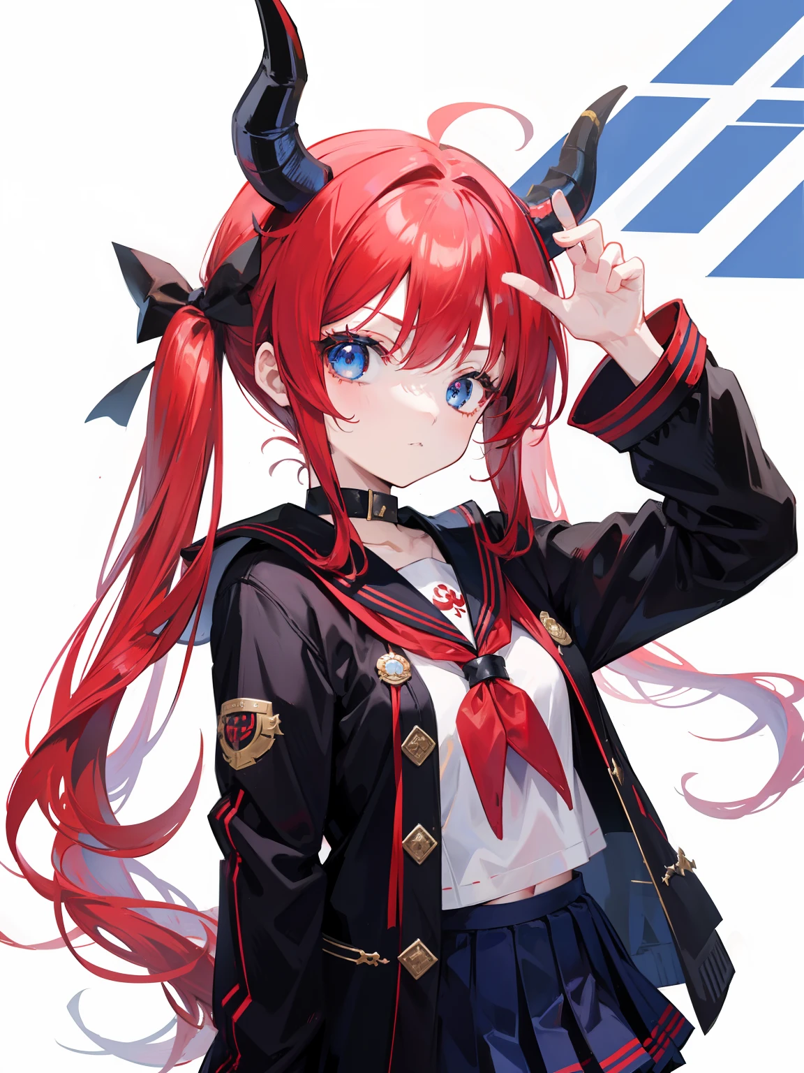 red hair, blue eyes, twintails, Sailor suit,black coat, Dragon horns,Pleated skirt,solo,,cute,bow