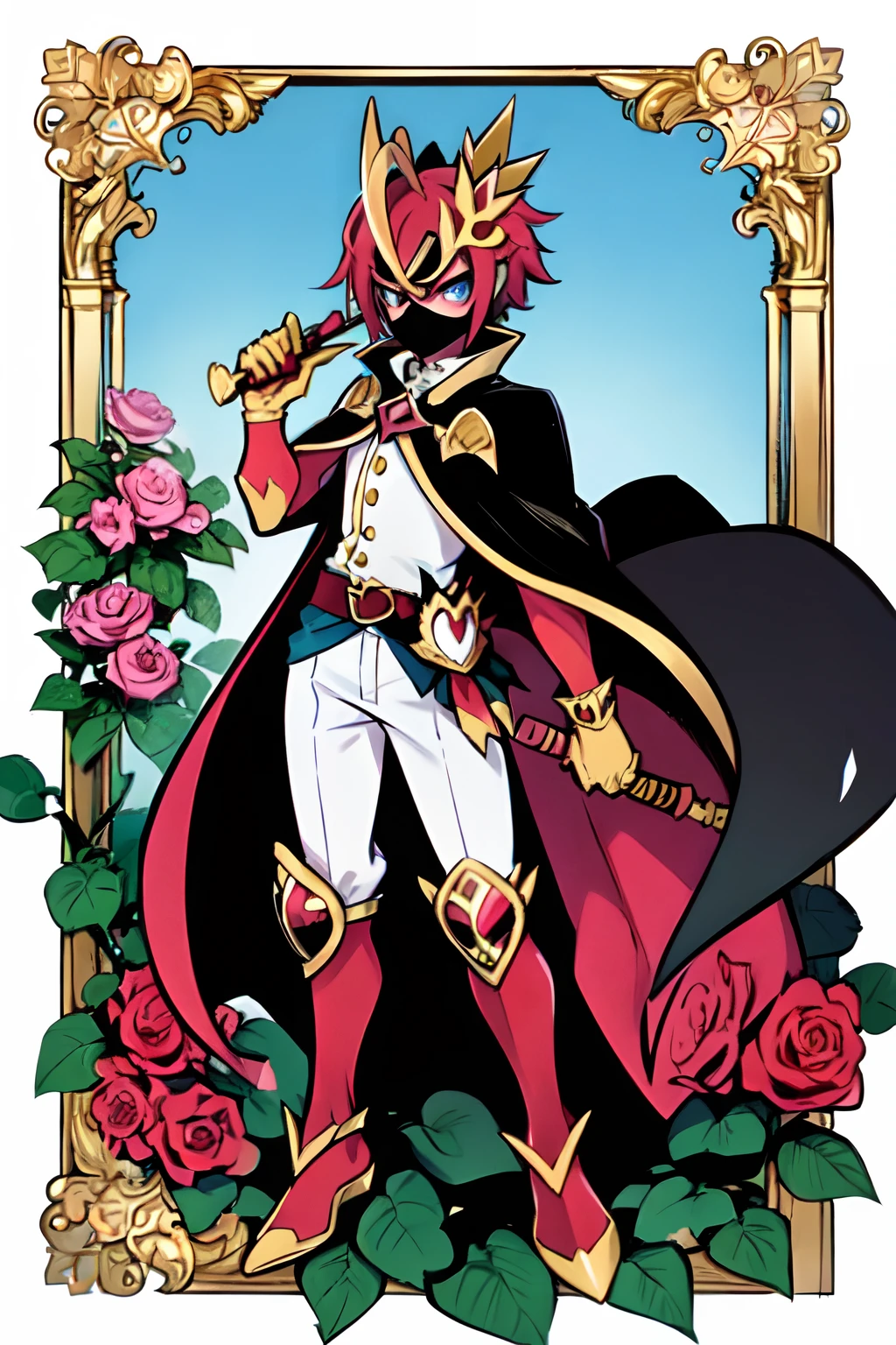 (masterpiece, best quality:1.2), solo, male focus, 1boy, ((riddle rosehearts as a Digimon)), angry, closed mouth,pout , looking at viewer, holding a scepter, mini crown, white shirt, cape, Pants ((white , black ,red and gold color scheme:1.4)),(( pink skin))((queen of hearts themed)), ((Plant monster)), fairy ,digimon \(creature\),(( Rosemont inspired)),(( mouth covered by mask)),((heart Details))