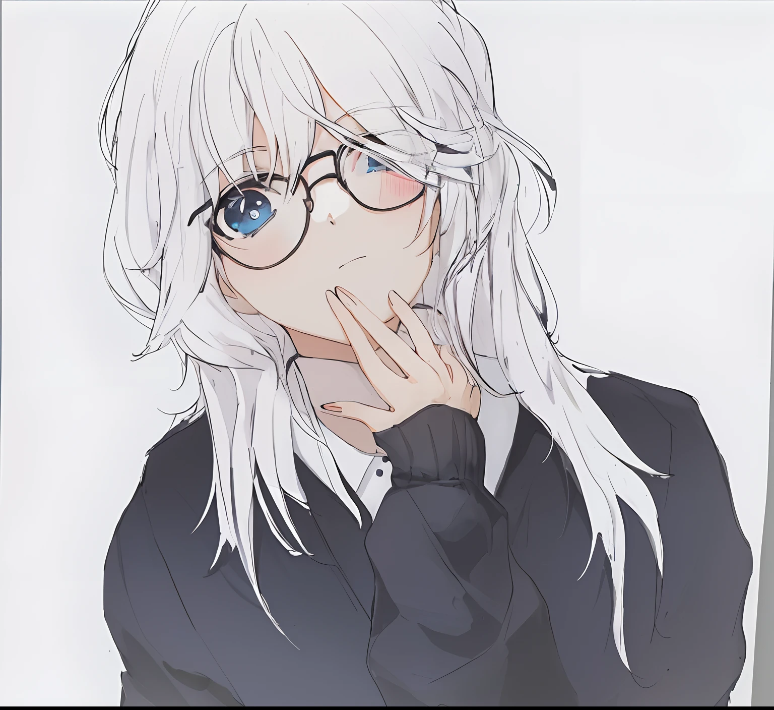 anime girl with glasses and a black jacket with a white hair, perfect white haired girl, white haired, with glasses, girl with white hair, with index finger, white-haired, spectacled, 2 d anime style, cute anime girl portraits, in an anime style, !!wearing glasses!!, anime moe artstyle, portrait anime girl, anime style portrait