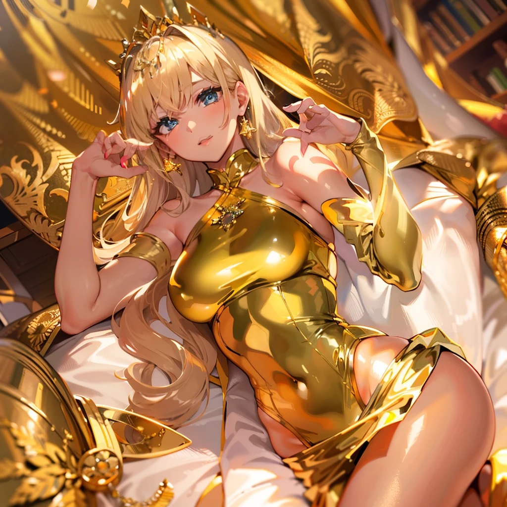 illustratio、(top-quality)、(((​masterpiece)))、(Hi-Res)、((full body Esbian))、Original、(1womanl)、A sexy、、Blonde woman in golden dress sitting on shelf, Golden dress, sexy dress, elegant gold body, in a gold one piece swimsuit, Blonde goddess, gold clothes, gold body, draped in gold, draped in shiny golden oil, golden goddess, shiny gold, shiny golden bikini, sexy gown, draped in silky gold, revealing stylish dress, Sexy look