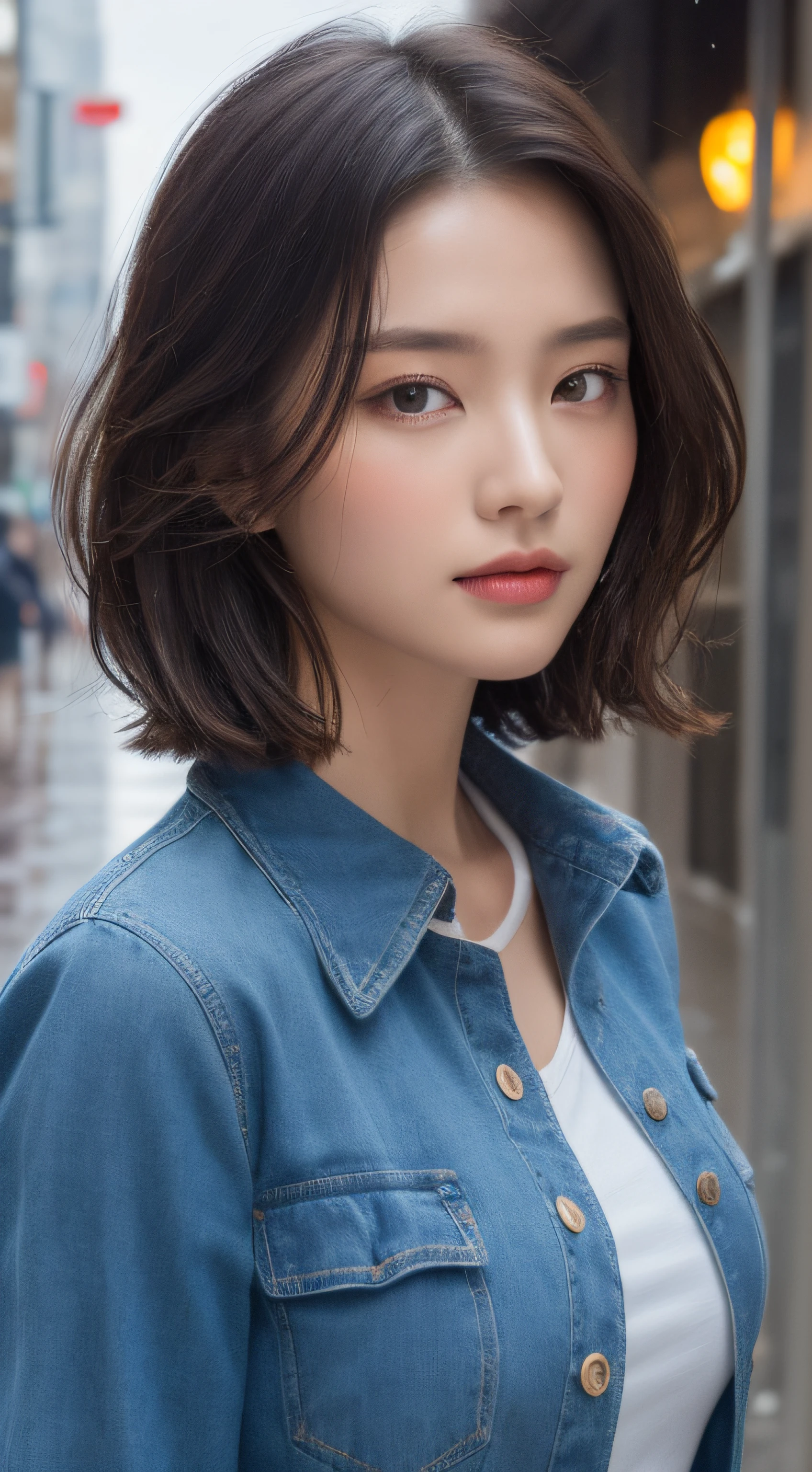 ((Best Quality, 8K, Masterpiece: 1.3)), Sharp: 1.2, Perfect Body Beauty: 1.4, Slim Abs: 1.2, ((Layered Hairstyle, Big Breasts: 1.2)), (Wet White Button Long Shirt: 1.1), (Rain, Street: 1.2), Wet: 1.5, Highly Detailed Face and Skin Texture, Detailed Eyes, Double Eyelids, Looking at the Camera