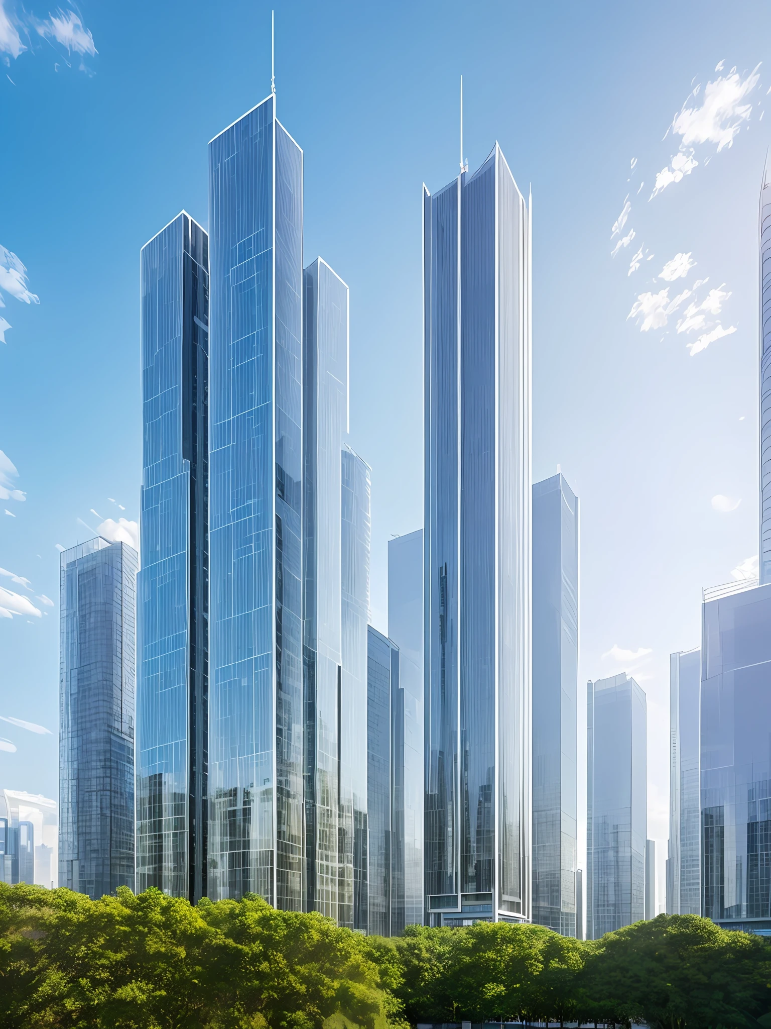 ((Masterpiece, Best quality)), 8K, modern architectural style, photographrealistic, hyperedetailed photo, Clean skies,More than construction,Technologically inspired architecture,, Realisticstyle,hyper realisitc,glass buildings,300-storey building,with blue sky and white clouds