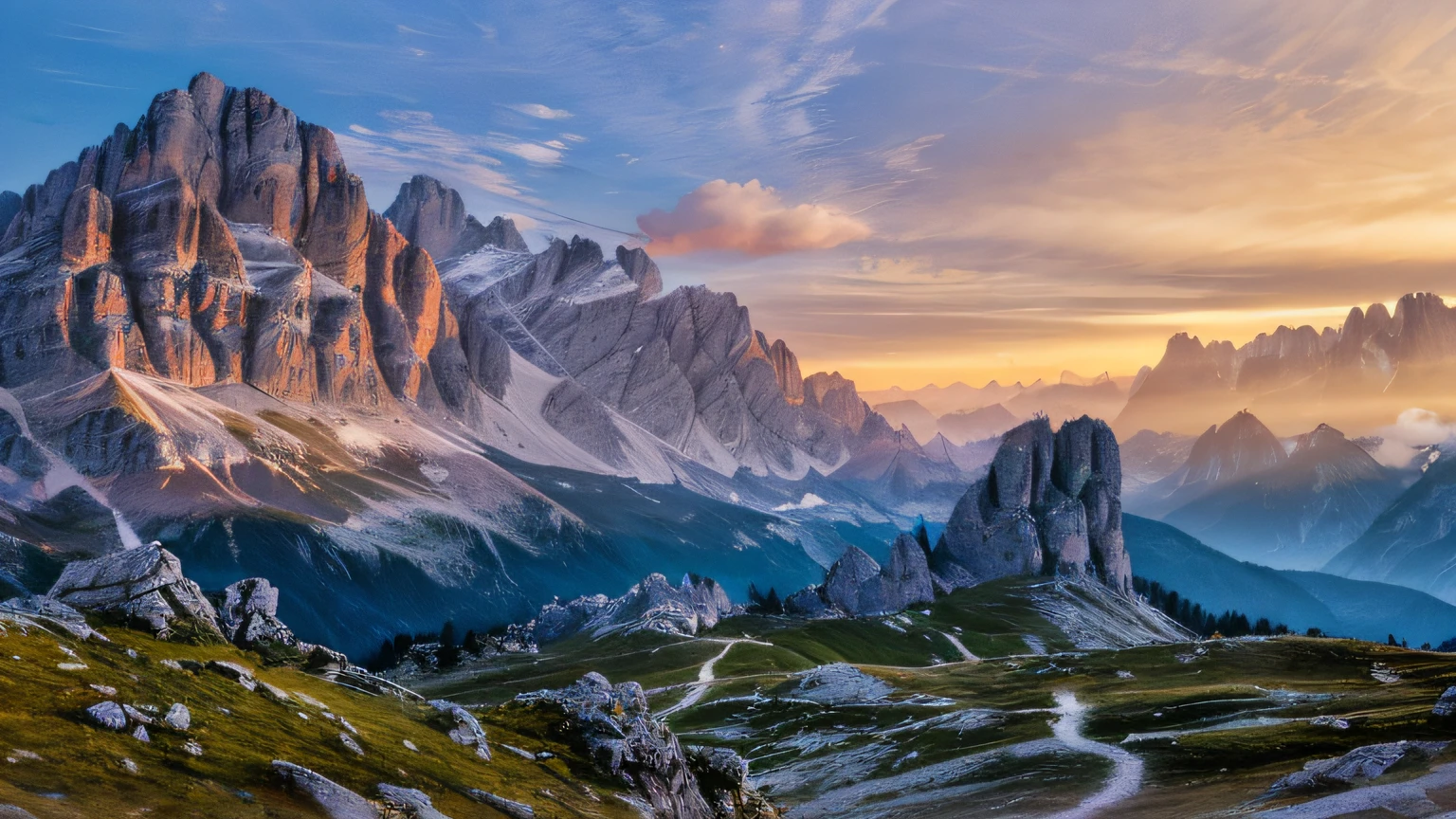 There is a trail through them in the mountains，sky with many clouds, dolomites, in the dolomites, dolomites in background, dolomites in background, first light, Italy, an amazing landscape image, 500px, 5 0 0 px, epic and stunning, epic landscapes, breathtaking landscape, author：Sebastian Spoon, author：Carlo Madna