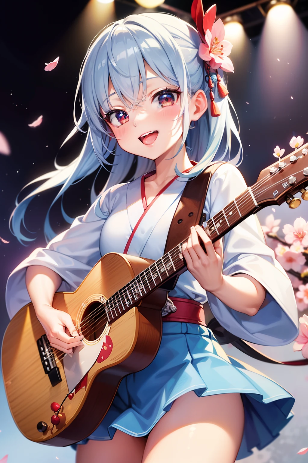 ​masterpiece, top-quality, Hi-Res,, 独奏, cowboy  shot, on a stage, Have a musical instrument, guitar, a smile, open open mouth,Clear face、blue hairs、a miniskirt、White and red kimono、A path lined with flourishing cherry blossom trees