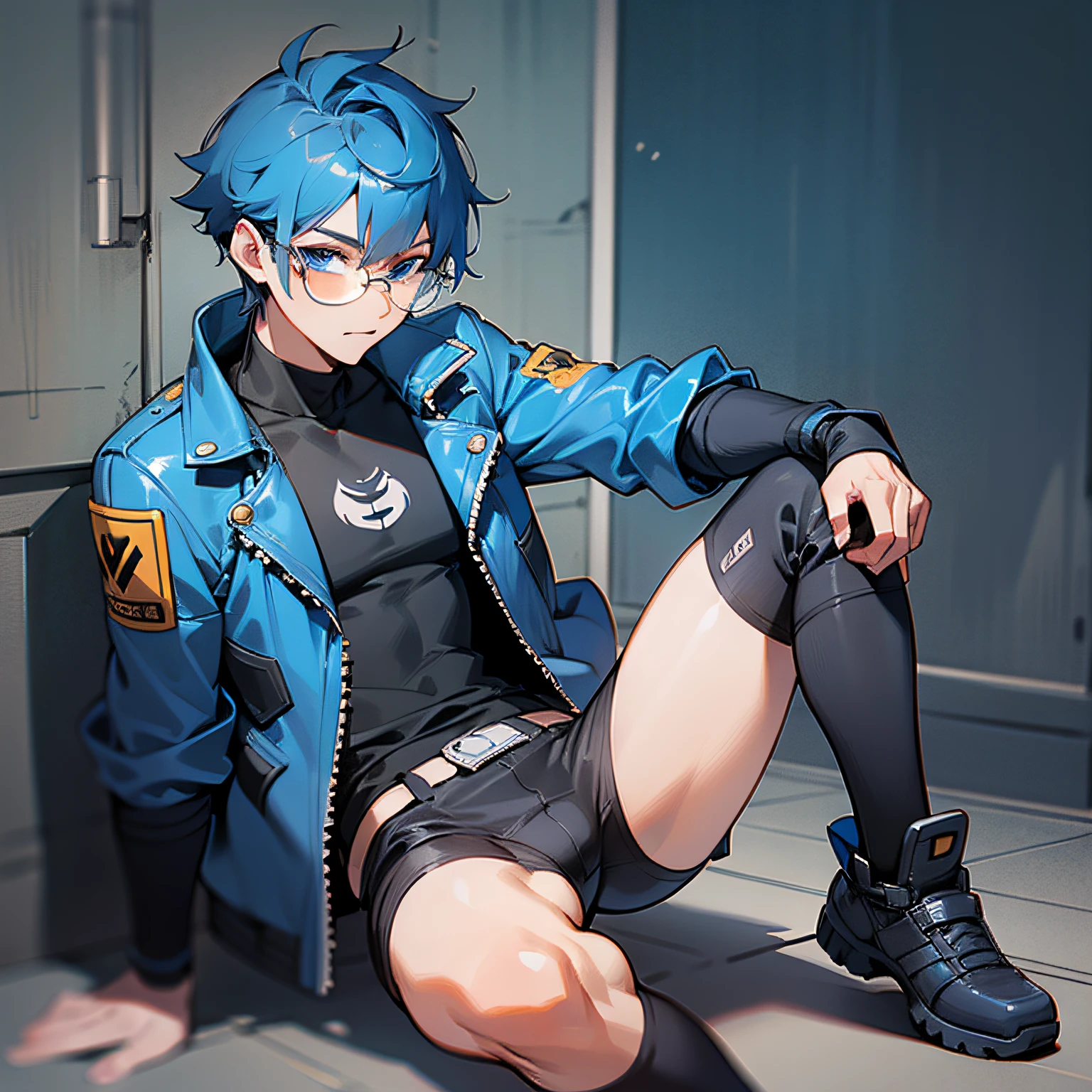 full body Esbian Glasses, Solo Magazine Pixie Cut, Blue eyes, Blue Leather Jacket, Plain Black Neck Warmer T-Shirt, Blue hair, Anime Man,male anime characters, (Apexlegends) , Male Action Anime Guy, Perfect man
