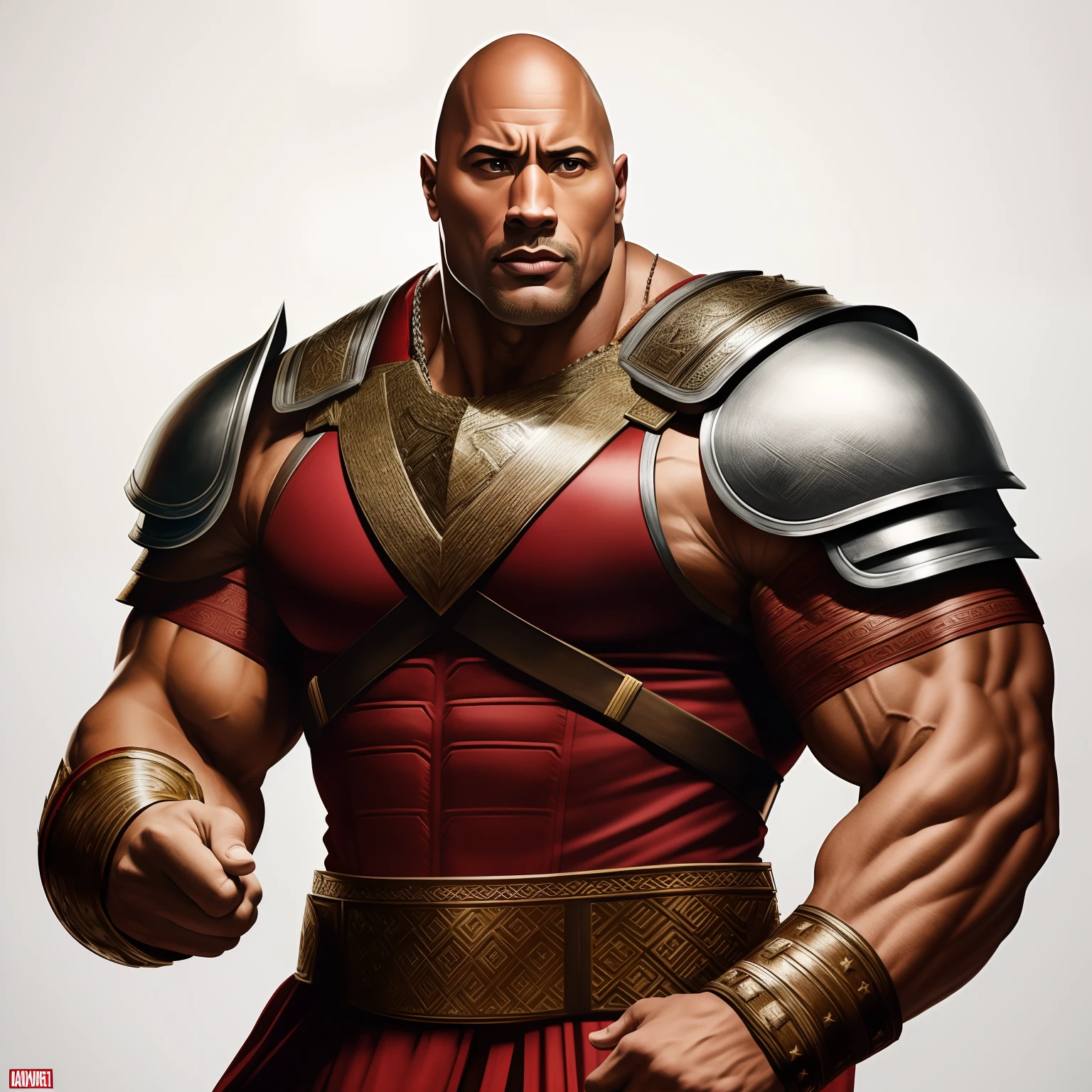 "Dwayne the Rock Johnson com barba branca, wearing completely red gladiator armor and positioned in completely white background, dynamic pose, accurate depiction, very detailed facial features."