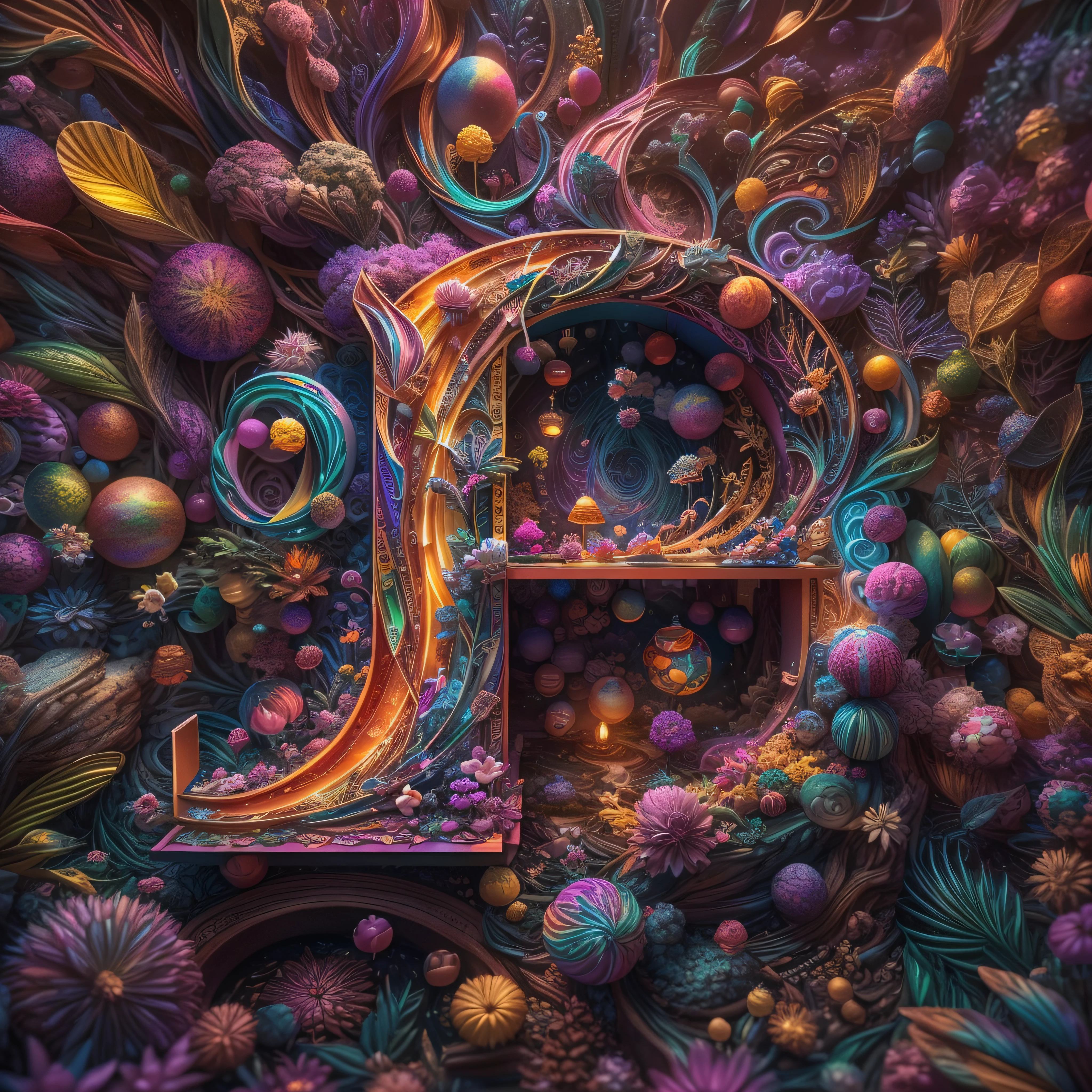 A [subject] in the form of the letter [A-Z], vibrant expressive multi-color, psy cosmic full-color art, 3D, incredibly detailed, studio product photography lighting, Photo taken by Nikon one「object」，letter「A-Z」form，Vibrant expressive multicolor，Psy Universe Full Color Art，3D，incredibily detailed，Studio product photography lighting，photo taken by nikon。A tiny enchanted forest in the form of the letter U，Vibrant expressiveness more - color，PSY Universe Full - Color Art，3D，incredibily detailed，Studio product photography lighting，photo taken by nikon。