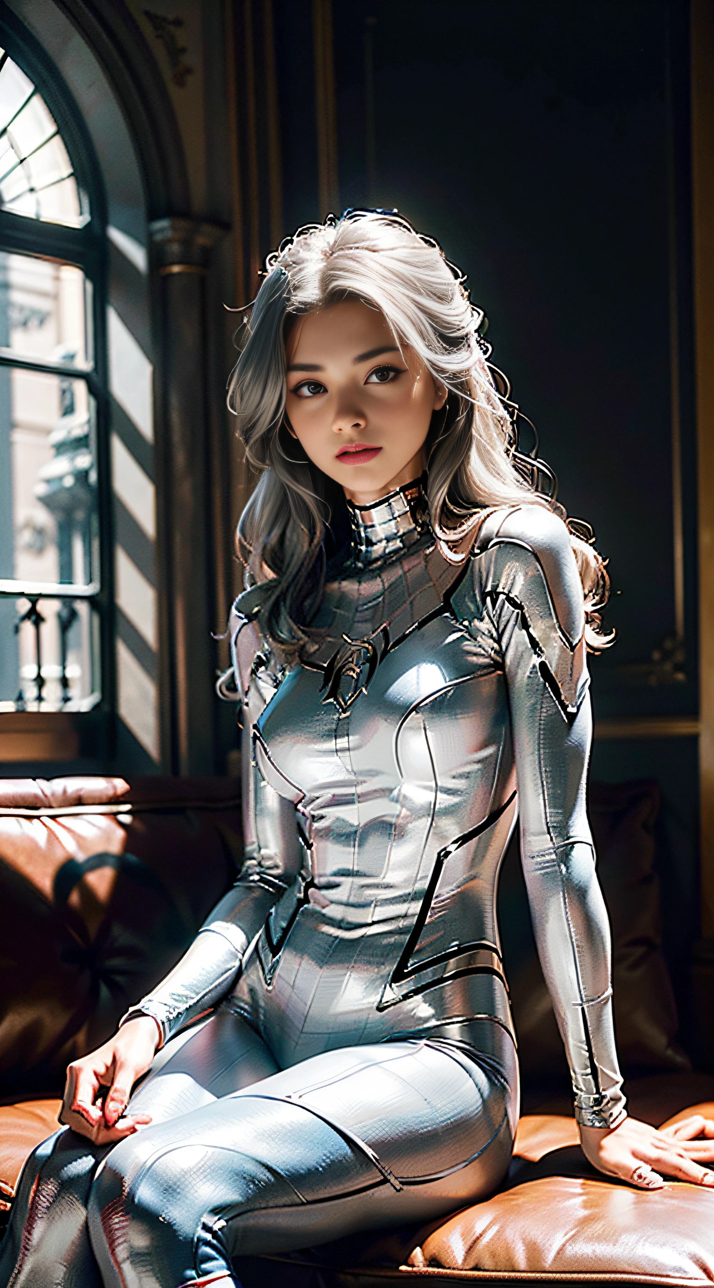 (Extreme Detail CG Unity 8K wallpaper, masterpiece, highest quality), (Exquisite lighting and shadow, highly dramatic picture, Cinematic lens effect), a girl in a white Spider-Man costume, silver gray hair color, from the Spider-Man parallel universe, Wenger, Marvel, Spider-Man, sitting on the couch, dynamic pose), (excellent detail, excellent lighting, wide angle), (excellent rendering, enough to stand out in its class), focus on white Spider-Man costumes, complex spider textures