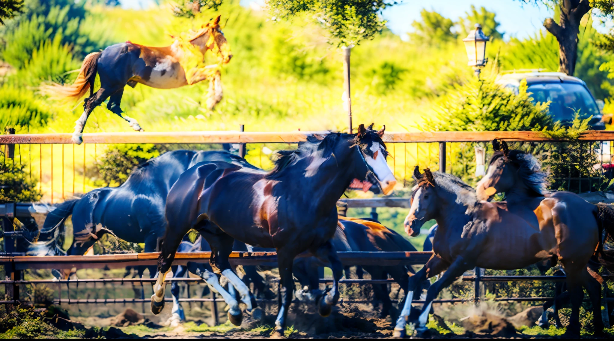 8horses,Ultra-grand scenes,super wide shot,1#cavalos,2#cavalos,3#cavalos,4#cavalos,5#cavalos,6#cavalos,7#cavalos,8#cavalos。Eight extremely special and rare horses surround each other,A large herd of horses galloped ahead,Gallop across the steppe like a clock。The vast plains of the epic scene are rich in aquatic plants,In the distance is the snow-capped summit of Mount Everest,Snow creek flows into the sea,At the other end is the magnificent giant city,The horse team entered and exited from the direction of the city gate。The first is the Light Casting Pegasus from the Supreme Heaven, which has a rainbow aperture from the Supreme Heaven,She rides between light and pure,No additional ornaments are needed to highlight her dignity and holiness,Even the sky showed her a clear sky,She has a deep enmity with the nightmare heavy ride from hell,The two never put their heads next to each other。Surrounded by sulphurous flames, the Hellmare Heavy Ride makes every time a horse's hooves fall, stepping flat grass out of the lava from the ground。The sky of the steppe is brighter because of the rainbow,And lava makes the earth deeper。The wind wings of the wind elf horse let its position be erratic,She carries a cyan aperture lightly and always can't help but tease the mechanical horse。The mechanical horse is full of mecha beauty,The shoulder back position always reveals delicate mechanical fittings,Four kicks with a hydraulic pump and electromagnetic ejection device。Unicorns want to steal all the horses' limelight with their pure and flawless beauty,Her unicorn flashed with the power of thunder。But on the side, the fairy dragon horse is comparing with it,The fairy dragon is full of small stars shining with magical brilliance。Their unique elven-patterned armor and colorful saddles make them the most stylish horses。The female knight is charging on her knightly warhorse,Her lofty ideals made her will unstoppable,There is no doubt that she is the protagonist of this picture。And a chaotic