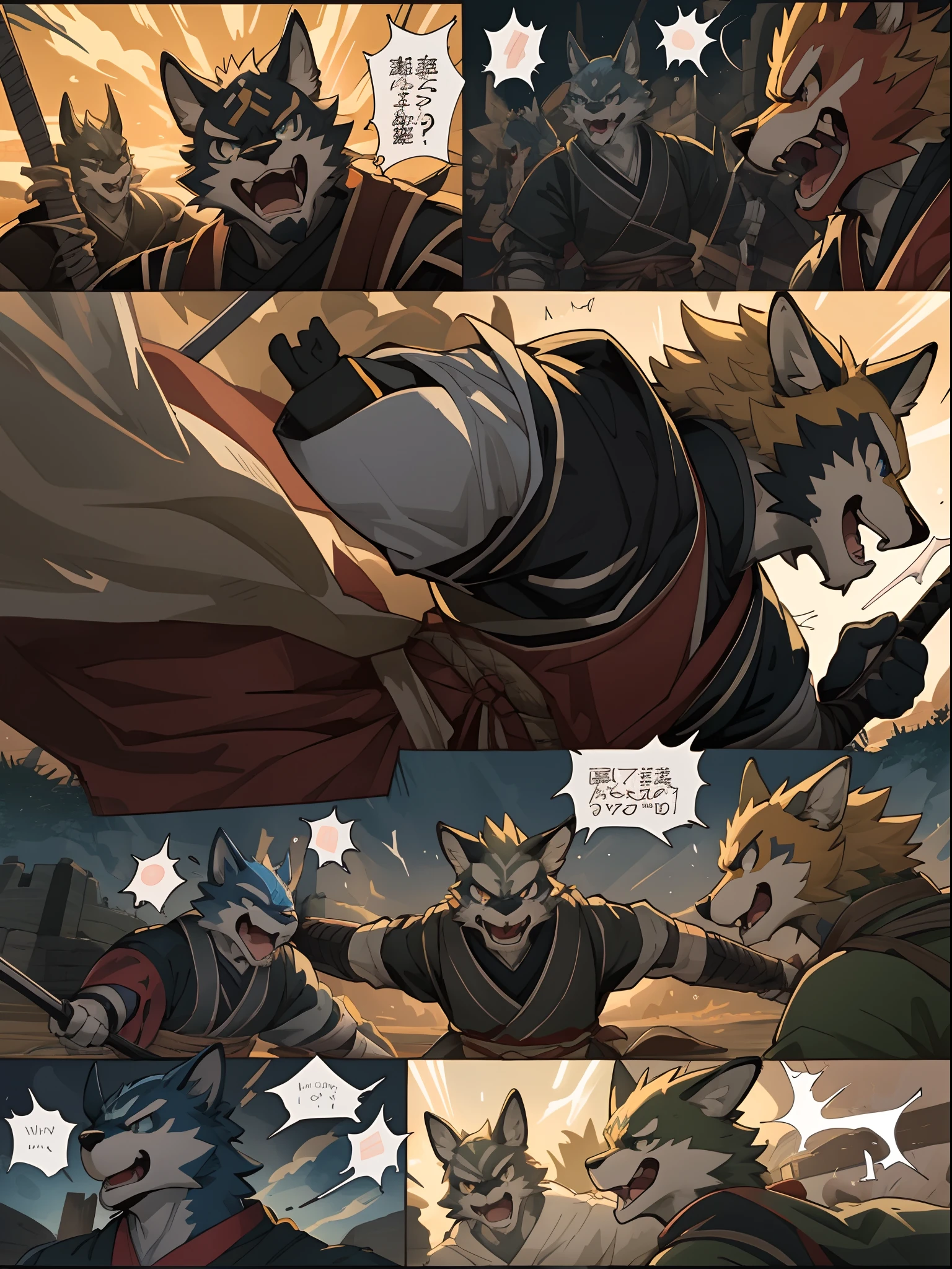 top quality, best quality, High-quality illustrations, highres, masterpiece, super high resolution, detailed background, japanese castle, samurais, 6+boys, 6+girls, absurdres(highly detailed beautiful face and eyes)perfect anatomy, good lighting, cinematic shadow, Serious, screaming, smile, wonderment, irate(kemono, furry anthro)assorted poses, assorted expressions, assorted angles(battle manga, Bold cartoon-like panel layouts, speech balloon, Hand-drawn sound effects stickers used in manga),