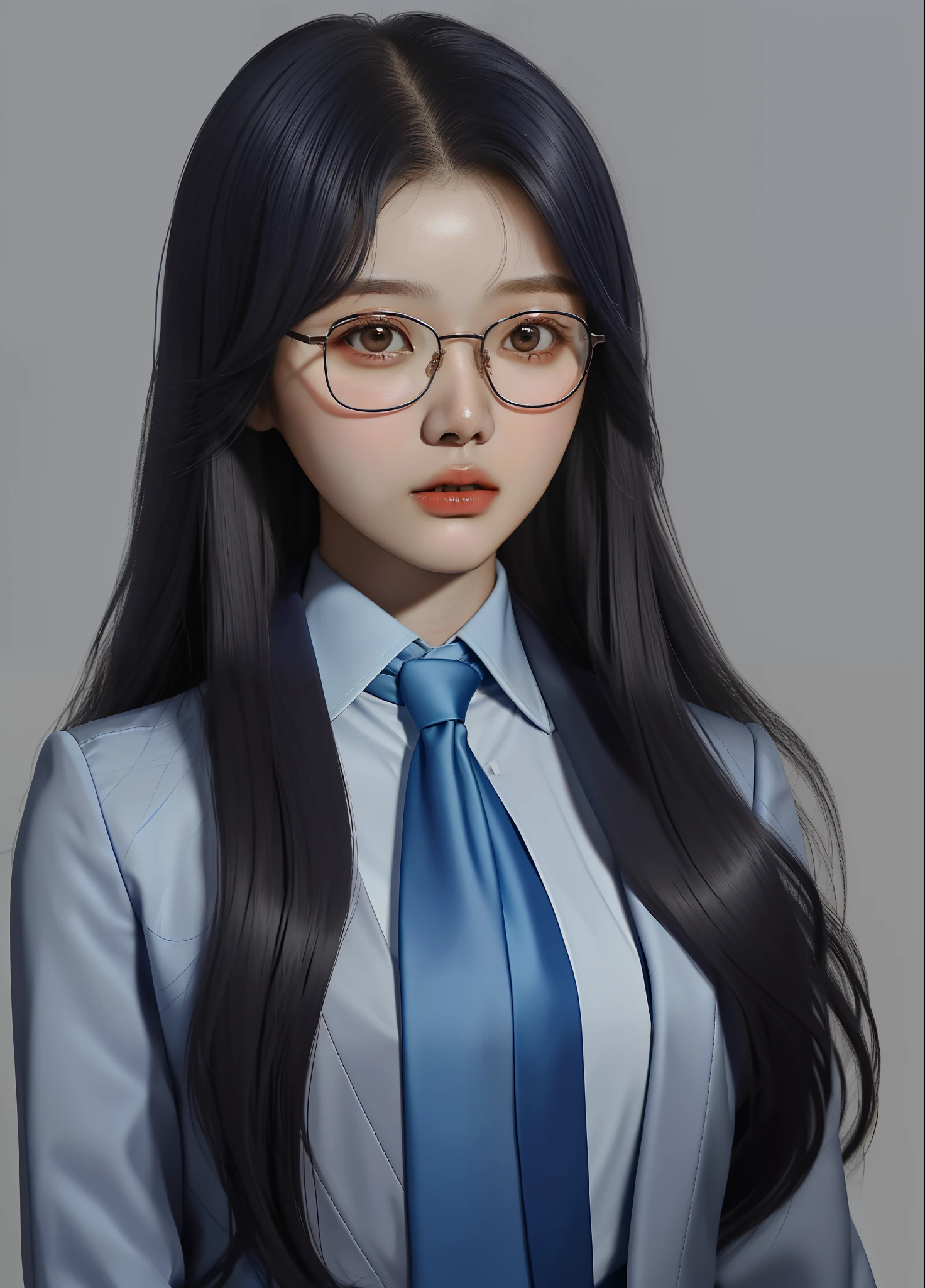 a close up of a woman wearing a blue tie and glasses, jaeyeon nam, headshot profile picture, taejune kim, xision wu, kim hyun joo, yanjun chengt, xintong chen, li zixin, heonhwa choe, pengzhen zhang, wenfei ye, chengyou liu, xiaofan zhang, qichao wang