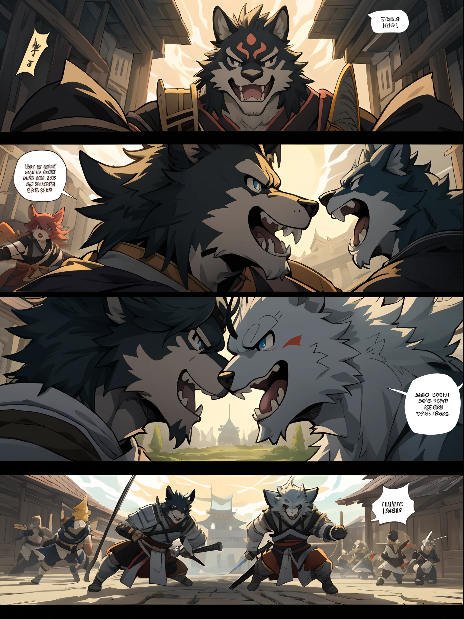 top quality, best quality, High-quality illustrations, highres, masterpiece, super high resolution, detailed background, japanese castle, samurais, 6+boys, 6+girls, absurdres(highly detailed beautiful face and eyes)perfect anatomy, good lighting, cinematic shadow, Serious, screaming, smile, wonderment, irate(kemono, furry anthro)assorted poses, assorted expressions, assorted angles(battle manga, Bold cartoon-like panel layouts, speech balloon, Hand-drawn sound effects stickers used in manga),