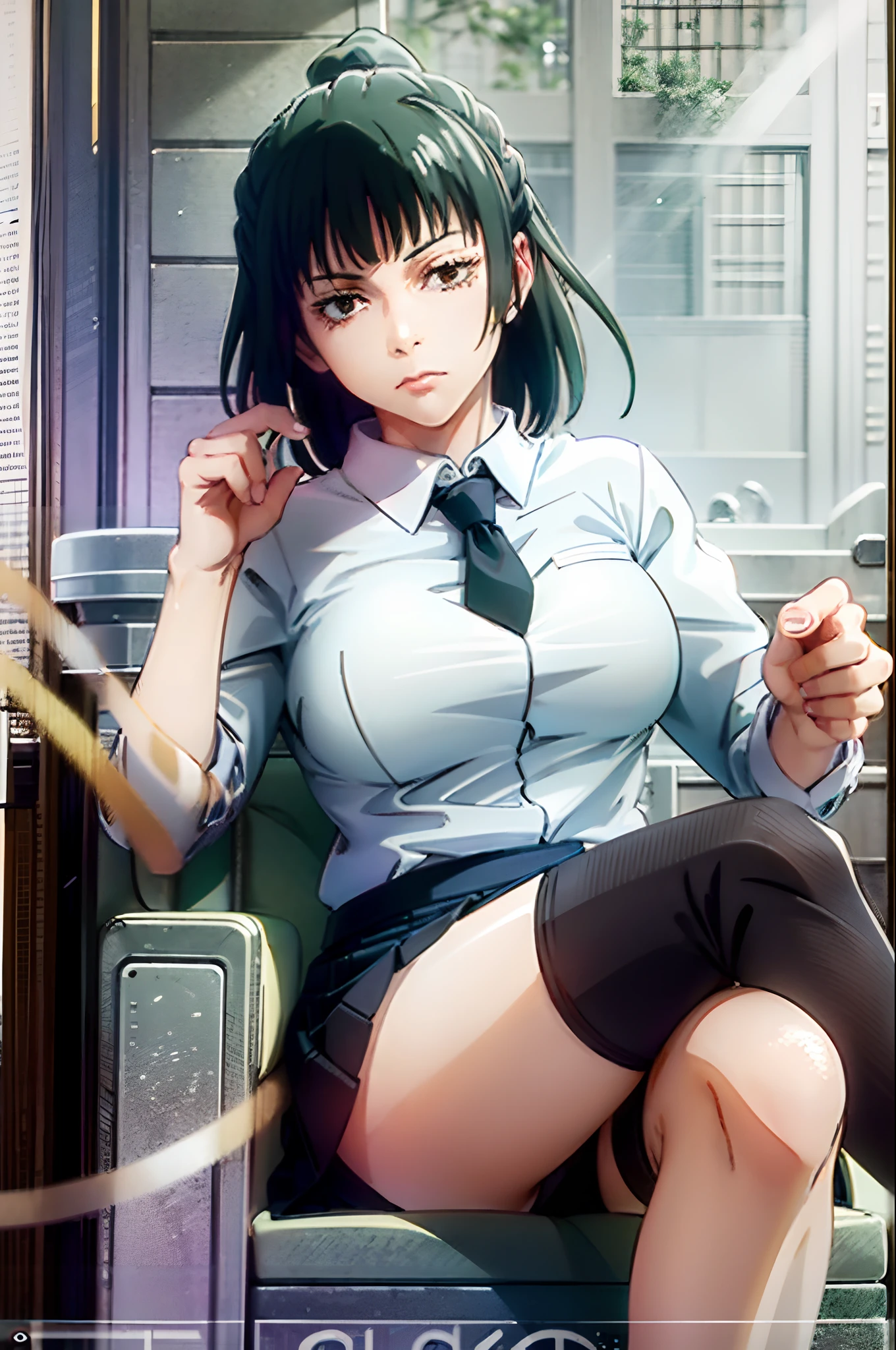 (Prominence on masterpiece, best quality: 1.2), alone, 1 girl, Maki zenin, serious, closed mouth, looking at the viewer, hand on the face, sitting, crossed legs, collared shirt, tie, skirt, stockings,big thighs,big breasts)