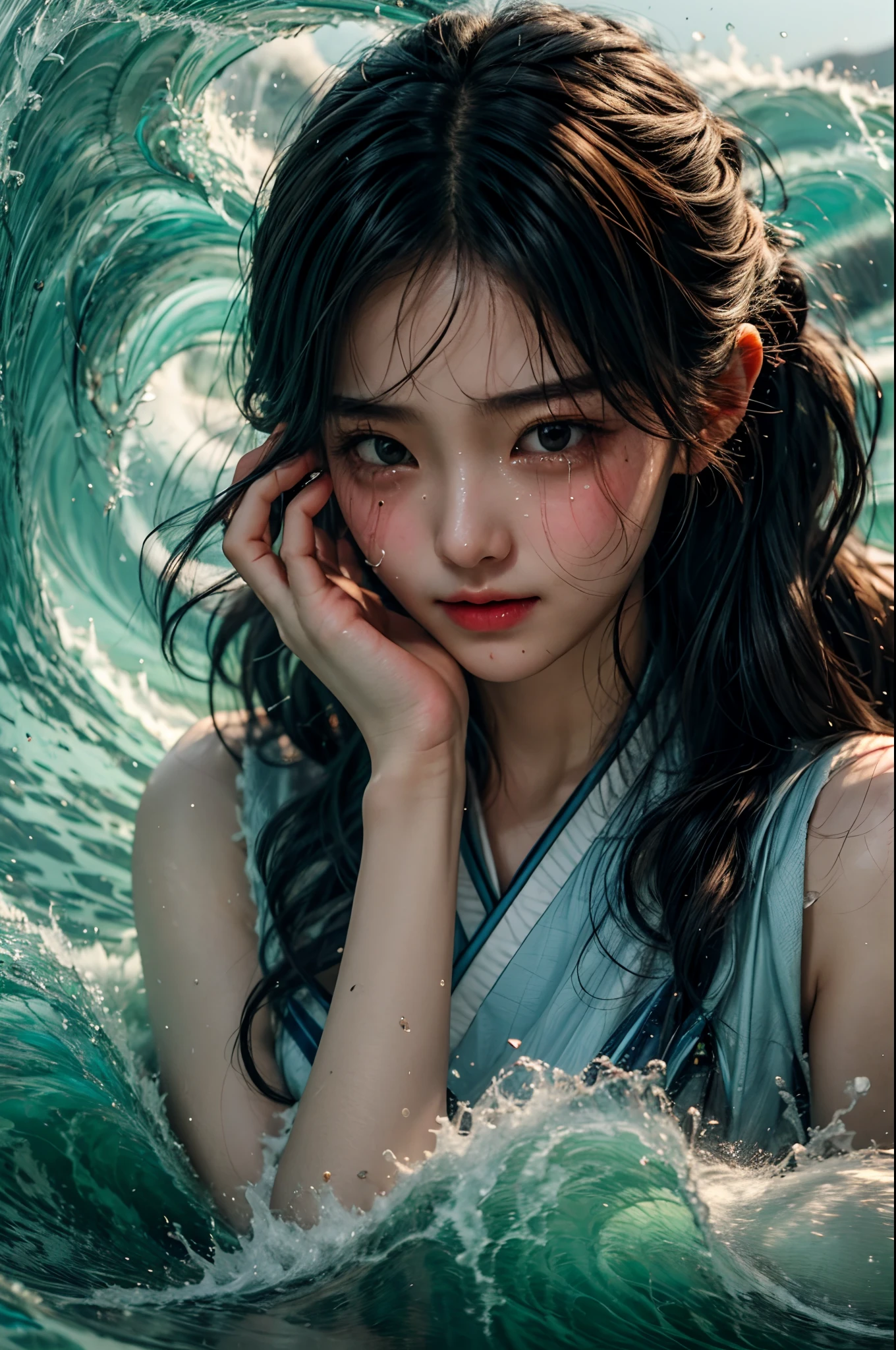Best quality at best,tmasterpiece,超高分辨率,1. The girl who hides her face and cries,beautiful_face,Delicate skin,Yushui,Eau,wave,red colour