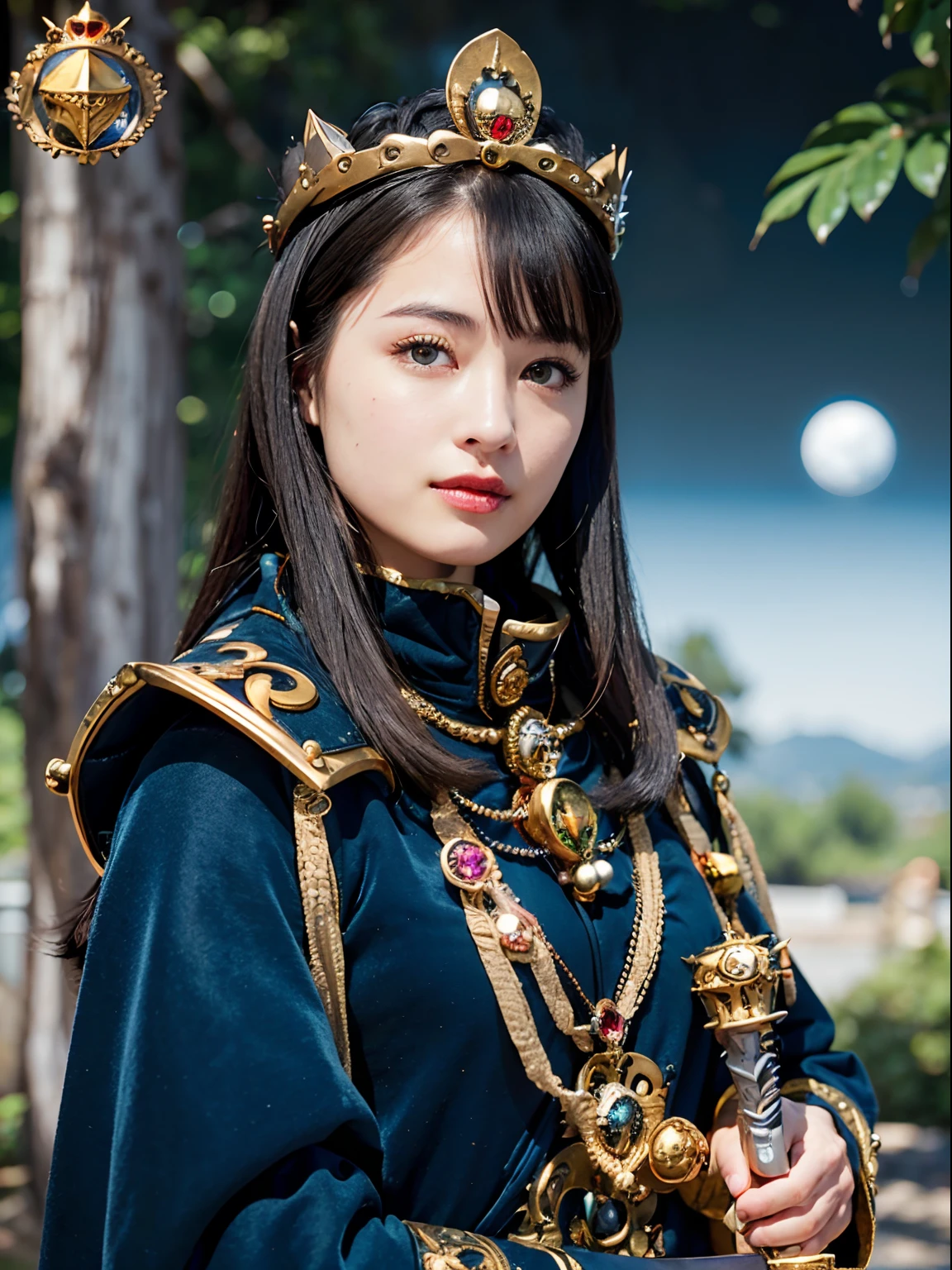 (masutepiece), Professional , ​masterpiece、top-quality、photos realistic , depth of fields （Gemstone Silver Metal Body:1.９),(Matte Blue、Jewel Gold Weapon（Jewel Metal Body:1.４),Gorgeous metal weapons , Detailed Sword of the Brave ,forested background、 Beautiful knife   ,warhammer 40k , adepta sororitas,Detail and ornate jewel crown、Black hair、Gangle's forest background、Beautiful Caucasian beauty、１a person、dynamic ungle,(((Detailed and ornate diamond crown)))、a small face、A smile、Take a sexy pose、Background inside the castle、Thin and beautiful female hands、