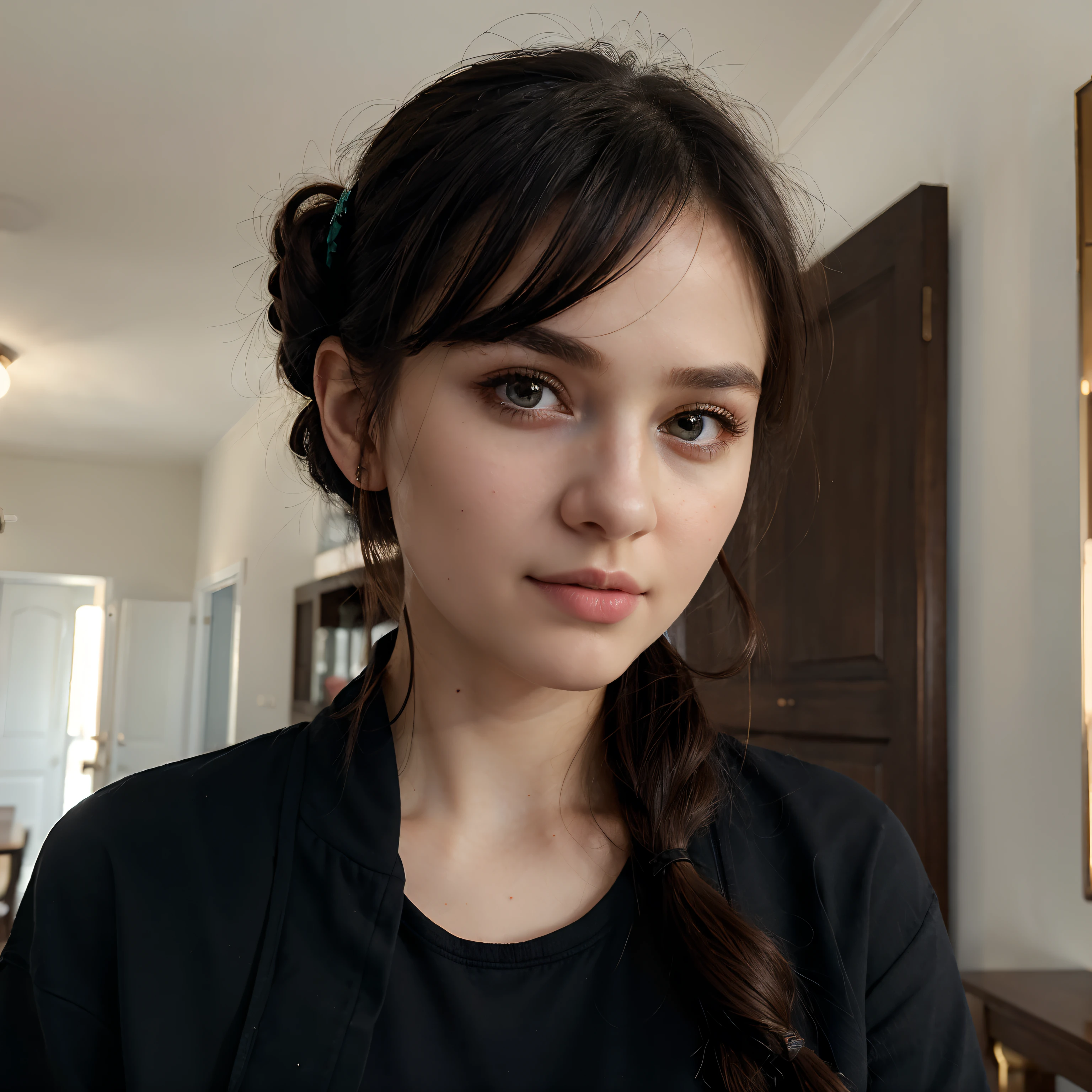 ((Best quality, 8k, Masterpiece :1.3)), 1girl, beautiful woman, (casual hairstyle,), casual wear: 1.2, interior, ultra-detailed face, deep black eyes, double eyelids, Russian, black hair, black eyes, looking at viewer