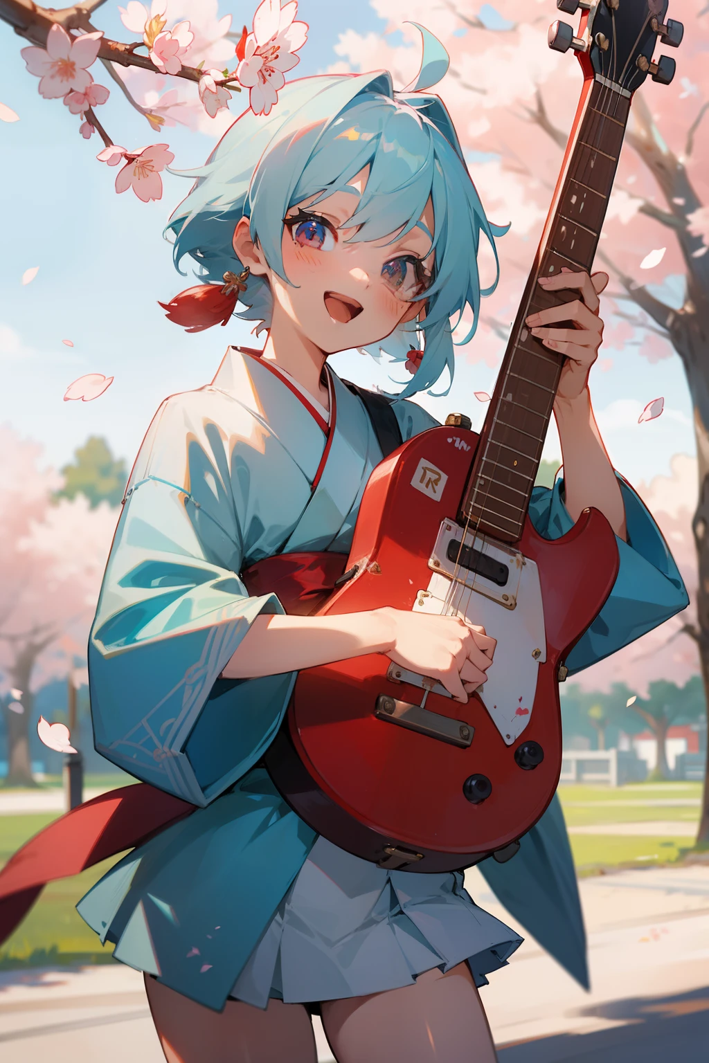 ​masterpiece, top-quality, Hi-Res,, 独奏, cowboy  shot, on a stage, Have a musical instrument, guitar, a smile, open open mouth,blue hairs、a miniskirt、White and red kimono、A path lined with flourishing cherry blossom trees