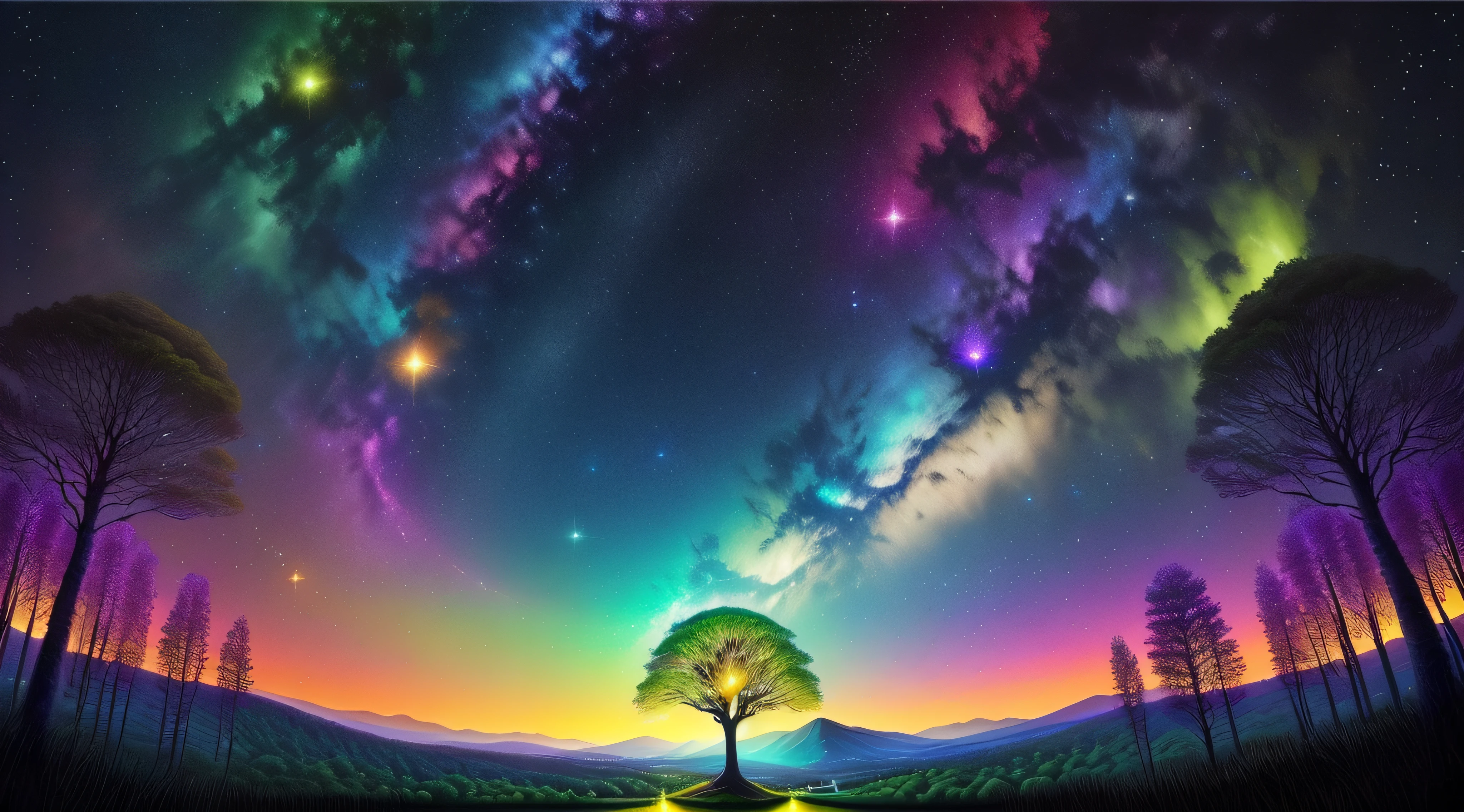 colourfull、Colorful Milky Way、milkyway、falls、​masterpiece、top-quality、hightquality、ighly detailed、Bright night sky with bright colors、Sky full of stars、bright green grass landscape、colorful trees々、Beautiful glitter trees々、colorful trees々、Glittering fruits、And bright shining blue flowers、The air is filled with sweet exotic aromas。A dreamy world、Luminescent fireflies and colorful fireflies fly around、bloom、Colorful、Photorealsitic、ighly detailed、intricate and detailed