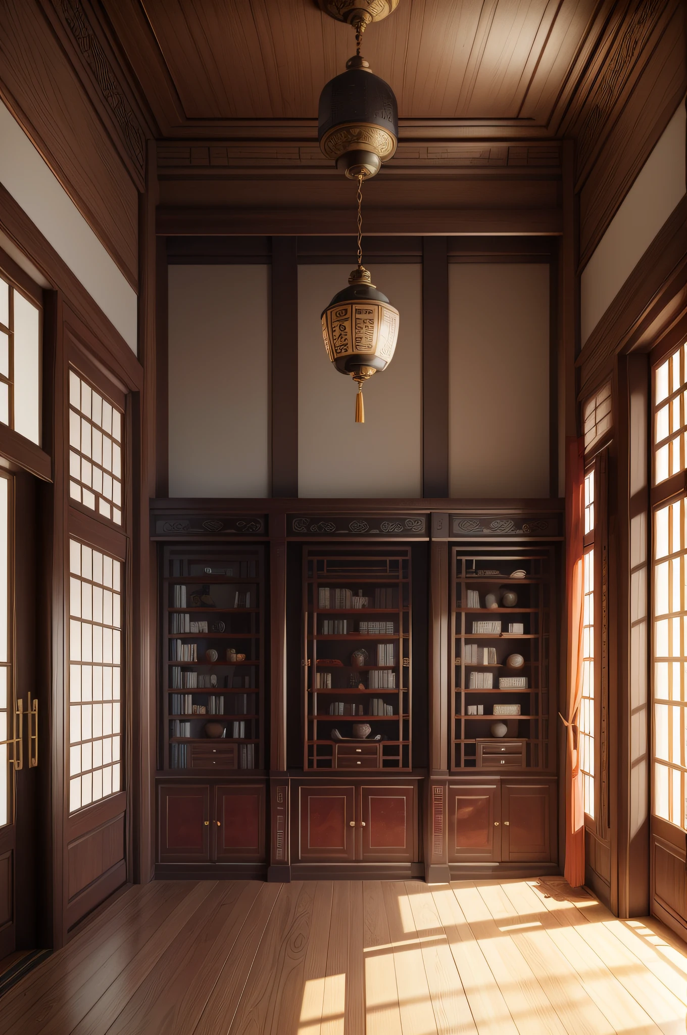 Qing Dynasty Palace Study,The background wall is a whole side is a large bookcase,Mahogany bookshelf,The shelves are lined with classical masterpieces and files,Wooden construction,Gray brick floor,The scene should be realistic,No windows,Don't be sunny,with ancient chinese aesthetic,ancient china art style