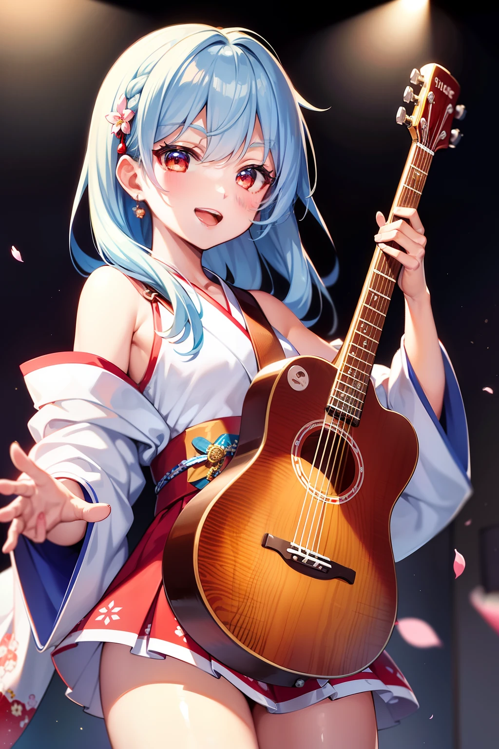 masterpiece, top-quality, Hi-Res,, 独奏, cowboy shot, on a stage, Have a musical instrument, guitar, a smile, open open mouth,Clear face、blue hairs、a miniskirt、White and red kimono、A path lined with flourishing cherry blossom trees