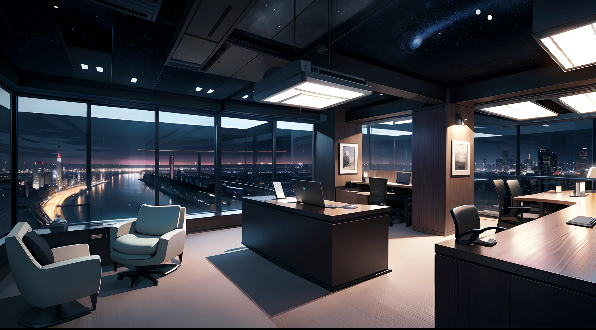 A high resolution, ultra - detailed,Night office reception,the space, Scenes