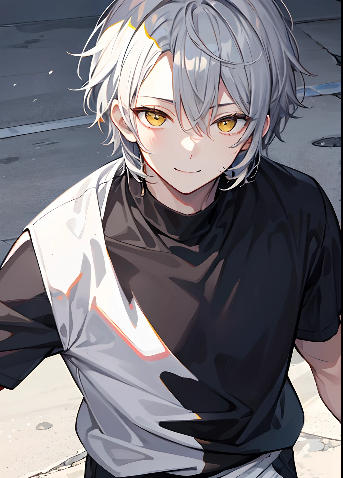 1guy, Handsome man, Solo,Men with gray hair,Gray hair pubic area、Underpants, up looking_で_viewer, ((masutepiece,Best Quality)), Beautiful detailed eyes, beautifull detailed face、Yellow eyes、hair between eye、short-hair、logn hair、a cool、outer、twinks、Gray-haired young man、Calm、Cool System、Soothing、The best smile