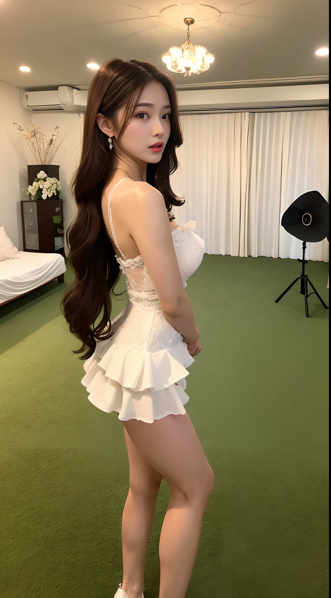 (Best Quality, 8K, 32 k, Masterpiece, UHD:1.2),Photo of Pretty Japanese woman, 1Girl, 18 years-old, (Long dark brown hair), Double eyelid, large full breasts, Mini Wedding Dress, Party Room (Party Room) (Party Room (Party Room)) (Party Room (Party Room) (Party Room (Party Room))), caress , open chest, Standing with a bouquet of flowers, masturbation, s whole body, Pretty legs, view from side