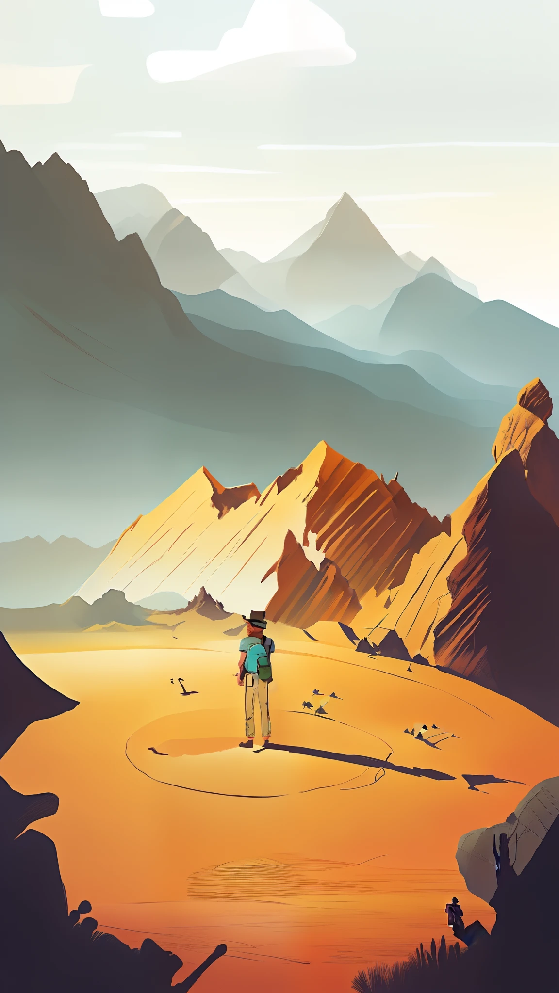 A painting of a man standing in the middle of a desert, Stand in front of Mt, explorer sketch, looking at the mountains, sketch of a lucid dream, some mountains in the background, a wanderer on a mountain, Line sketch, full page illustration, published concept art, Mountain, Concept illustration, mountain in background, mountain in background