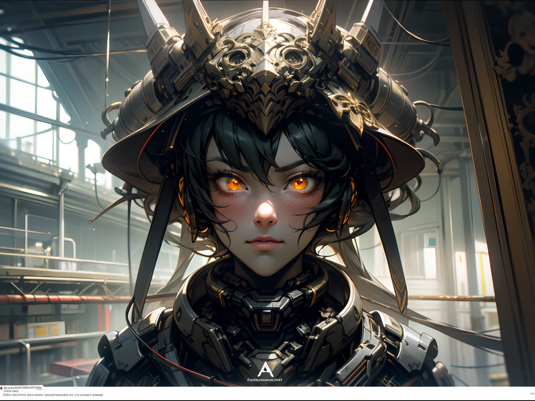 1. droid,Organic,Orange triangle glowing eyes,Network helmets,long whitr hair,white plastic,fanciful,iintricate,ellegance,Detailed realistic,Smooth and sharp focus,John Collier and Albert Aubrett、Art by Krenz Kusart and Artem Demura,electrical wires,pipe,dark chamber,Dim light, --auto