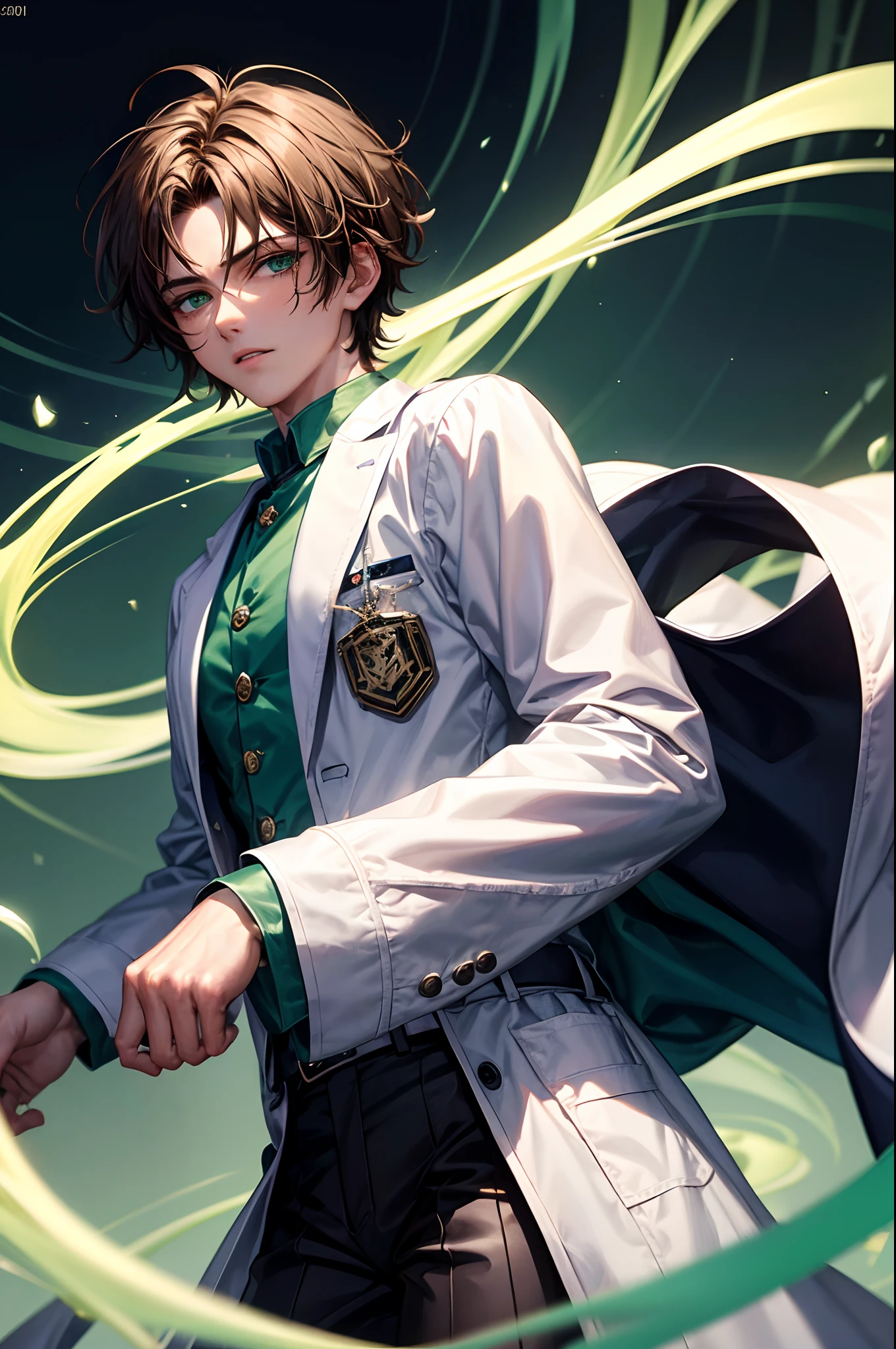 masterpiece, high quality, 19 years old guy wearing a white doctor outfit, wizard, short brown hair, detailed eyes, detailed face, thin body, green swirl magic, green magic, green aura, rim lighting, perfect lighting, 8k, looking at viewer, static brutal pose, stay in center, clever guy