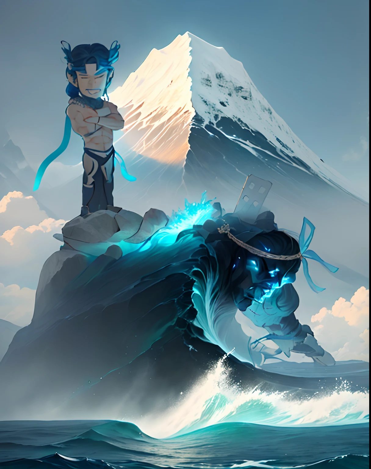 Sketch of a man and a man Hold the Mountain in the water, inspired by Tawaraya Sōtatsu, tsunami behind him, battle between good and evil, they are fighting very angry, inspired by Shūbun Tenshō, scylla and charybdis, inspired by Gyoshū Hayami