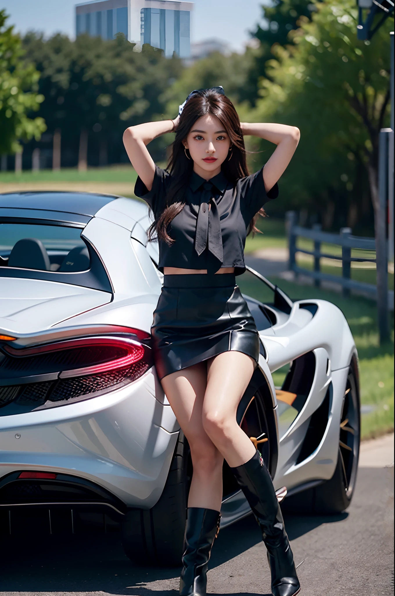 (Highly detailed CG 8K wallpaper)、(extremely delicate and beautiful)、(​masterpiece)、(top-quality:1.0)、(超A high resolution:1.0)、beautiful  lighting、perfect lightning bolt、realistic shadow、[hight resolution]、Detailed skin、ultra-detailliert、dynamic ungle、foco nítido、(Circuit field、sports car on the background、McLaren:1.4)、sunlights、deep-shadows、Realistic eyes、Sharp pupils、detailed faces and eyes、beauitful face、Beauty over 25 years old、shinny skin, beautiful hair of black color、Twin-tailed、Brown eyes、beauitful face、Bright lace queen outfit、a miniskirt、Wearing boots、Absolute area、Tie your hair with a big red ribbon、Curve、raise arms、