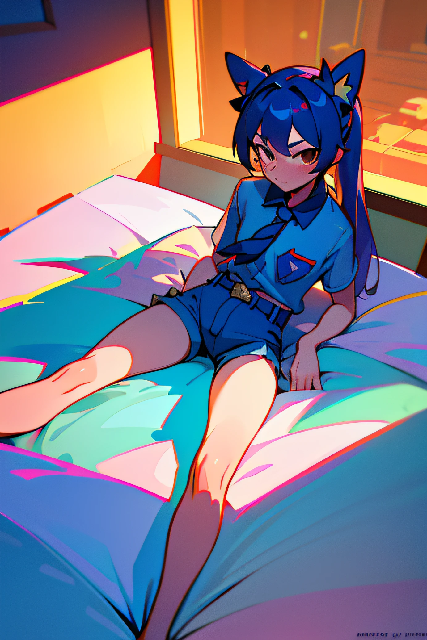 Facing the shot,Lovely,Enjoy the look,Fake animal ears, surrealism, shadowing, anaglyph, stereograms, tachi-e, angle of view, Lie flat on the bed,Casual wear,Wear blue shorts and a belt,Change your pants,8K，Super detail, ccurate, Best quality