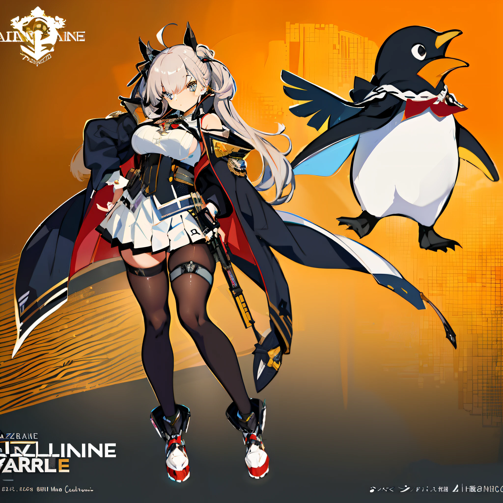 illustratio、(top-quality)、(((masterpiece)))、(Hi-Res)、((full body Esbian))、Original、(1womanl)、A sexy、、Anime character with penguin and cape woman, mecha anthropomorphic penguin, Soldier Penguin, Anthropomorphic penguins, from girls frontline, penguin, Army of Robot Penguins, Penguin 0, cushart kenz, characters from azur lane, Fine details. girls' frontline, girls frontline style, from the azur lane videogame, kancolle