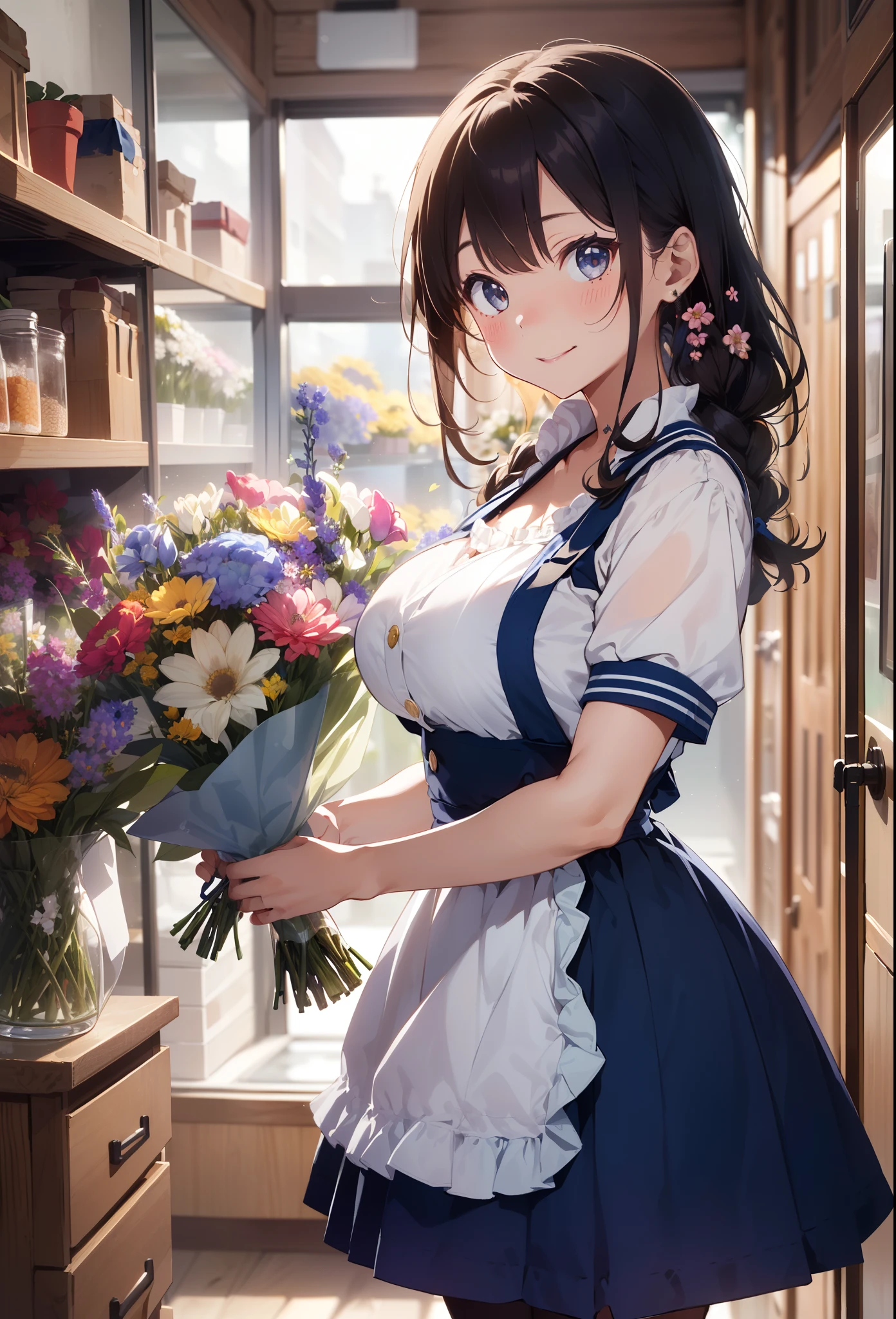 (frombelow:1.4)、((2girls)),Light Brown Fringe Hair、Braided hair、disheveled hair、Light brown eyes、(A smile)、(爆乳:1.4)、Emphasize the valley、fittingroom、(Photorealsitic)、(intricate detailes:1.2)、(masterpiece、:1.3)、(top-quality:1.4)、(超A high resolution:1.2)、超A high resolution、(A detailed eye)、(detailed facial features)、 (Dark blue suspender skirt:1.4),(Dark blue apron:1.2), (double-breasted,Underbust:1.2), (Dark blue high-waisted skirt:1.3), (Apron over dark blue skirt:1.3), (White shirt:1.2), buttonGap,Short sleeves, nametag,(Red blusher:1.2)、(Flower Shop:1.4)、(The background is full of flowers:1.4)、(Bouquet in hand:1.4)、(A lot of flowers in a vase:1.4)
