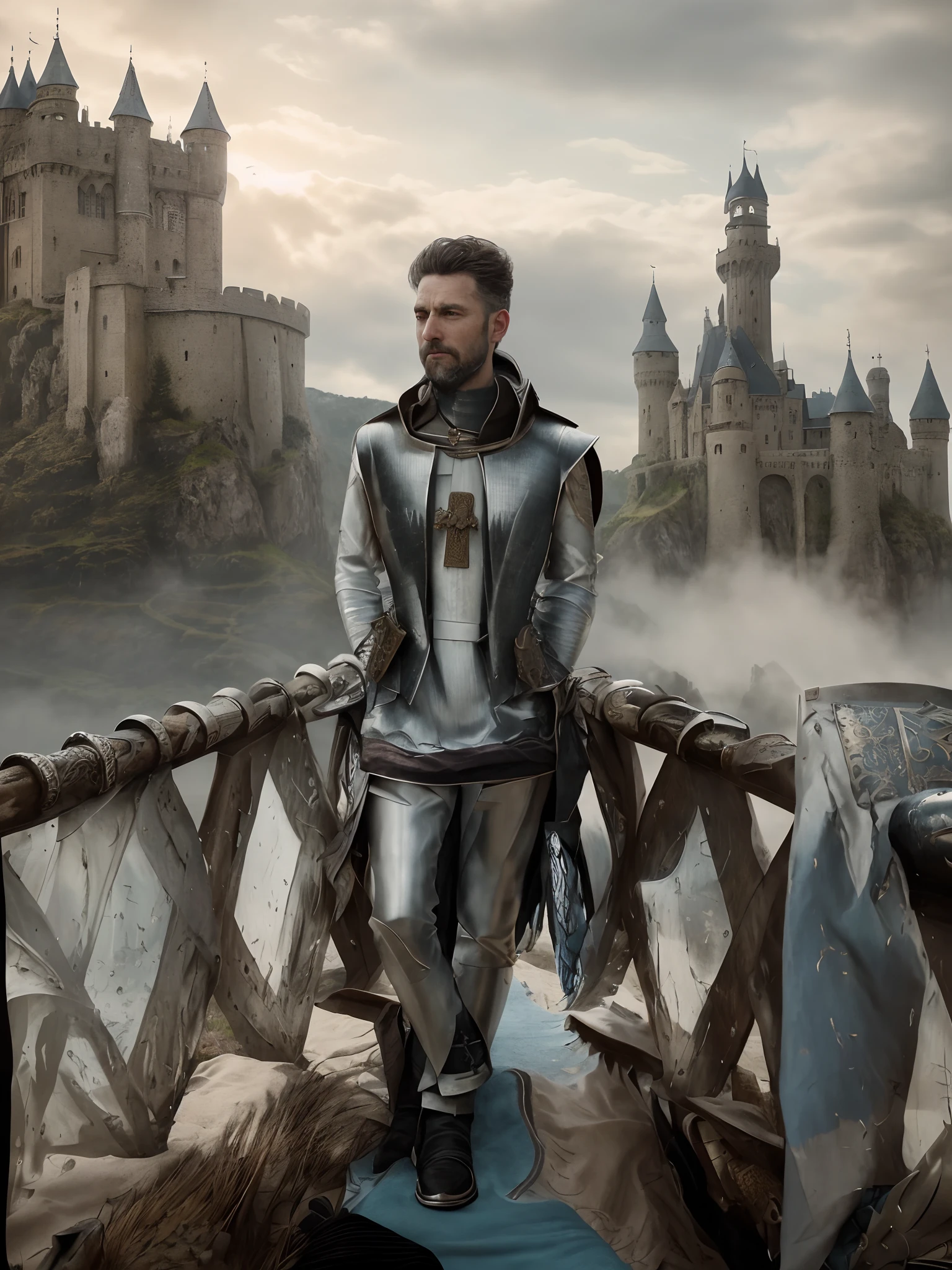 photorealistic, top quality, masterpiece, cinematic composition, slow motion, (medium shot of a medieval knight, sombre and weathered face, beard, grey hair:1.2), chain mail and plate armour, (realistic and detailed|intricate armour:1.1), (visible face:1.3), (photorealistic physiognomy|eyes|iris|skin|musculature, detailed skin, skin texture, natural skin), (holding a sword in his hand:1. 2), frontal perspective, imposing and determined pose, looking forward with determination, skin imperfections, natural skin wrinkles, natural skin spots, highly detailed clothes, abundant details, intricate details, realistic wrinkles in clothing, medieval fantasy landscape, cloudy sky, castle in the background in the distance, radiant lighting, deep shadows, dramatic scene, dark and cool colour palette, blue and grey tones, No other characters in the scene, abundant detail|intricate, detailed landscape, volumetric lighting, (detailed lighting), (detailed light reflections on armour:1. 1), 8k, highly detailed, UHD, HDR, photorealistic facial expression|hairstyle