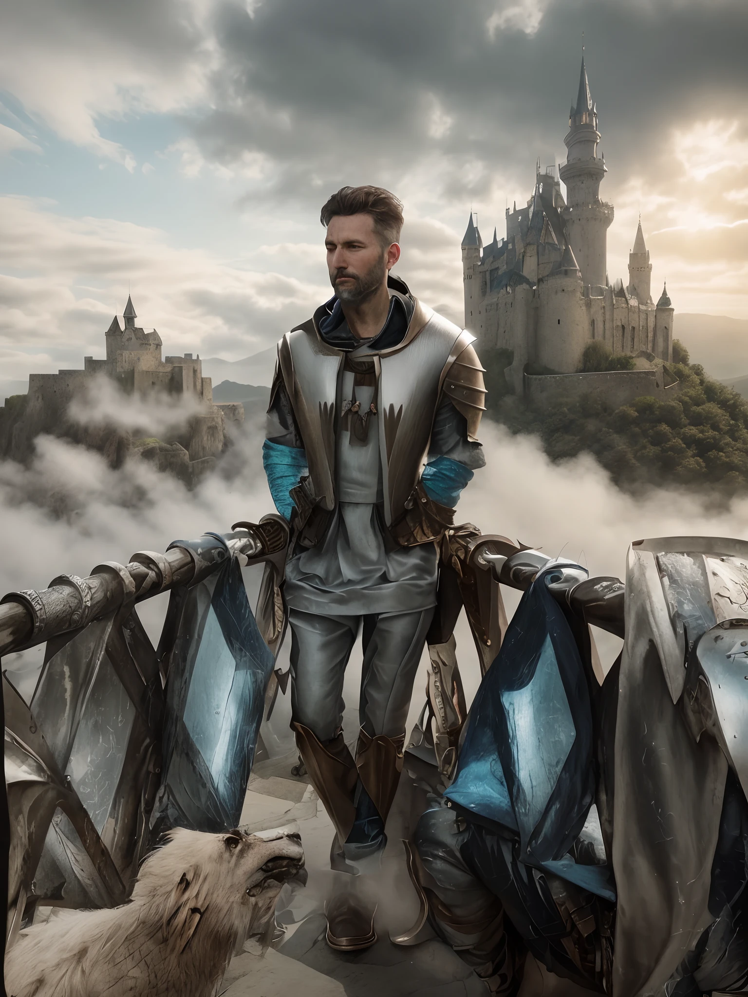 photorealistic, top quality, masterpiece, cinematic composition, slow motion, (medium shot of a medieval knight, sombre and weathered face, beard, grey hair:1.2), chain mail and plate armour, (realistic and detailed|intricate armour:1.1), (visible face:1.3), (photorealistic physiognomy|eyes|iris|skin|musculature, detailed skin, skin texture, natural skin), (holding a sword in his hand:1. 2), frontal perspective, imposing and determined pose, looking forward with determination, skin imperfections, natural skin wrinkles, natural skin spots, highly detailed clothes, abundant details, intricate details, realistic wrinkles in clothing, medieval fantasy landscape, cloudy sky, castle in the background in the distance, radiant lighting, deep shadows, dramatic scene, dark and cool colour palette, blue and grey tones, No other characters in the scene, abundant detail|intricate, detailed landscape, volumetric lighting, (detailed lighting), (detailed light reflections on armour:1. 1), 8k, highly detailed, UHD, HDR, photorealistic facial expression|hairstyle