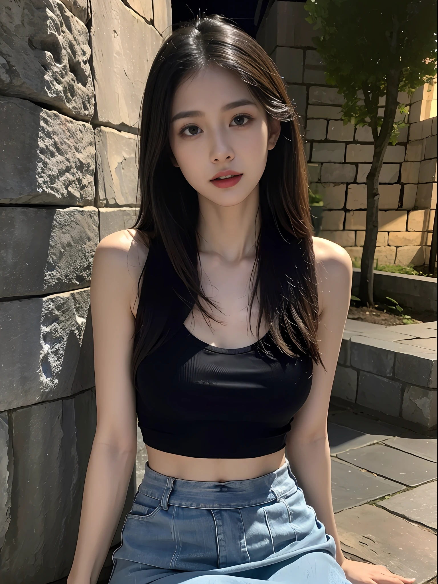 (8K,best qualtiy,tmasterpiece:1.2),(realisticlying,realisticlying,photo-realistic:1.37),1girll,Hyper-detailing,beatiful detailed eyes,Beautiful detail nose,Tight sleeveless T-shirt,Layered skirt,(((Open-mouthed))),(((teeth))),Ancient city walls,stone wall,Bluestone brick road,the night,natta,starrysky,themoon,Expose your waist and navel,((standing on your feet))