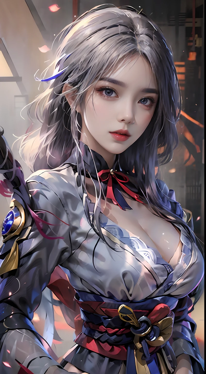 Photorealistic, high resolution, 1 girl, Hips up, Long hair, Beautiful eyes, normal breast, Raiden General costume