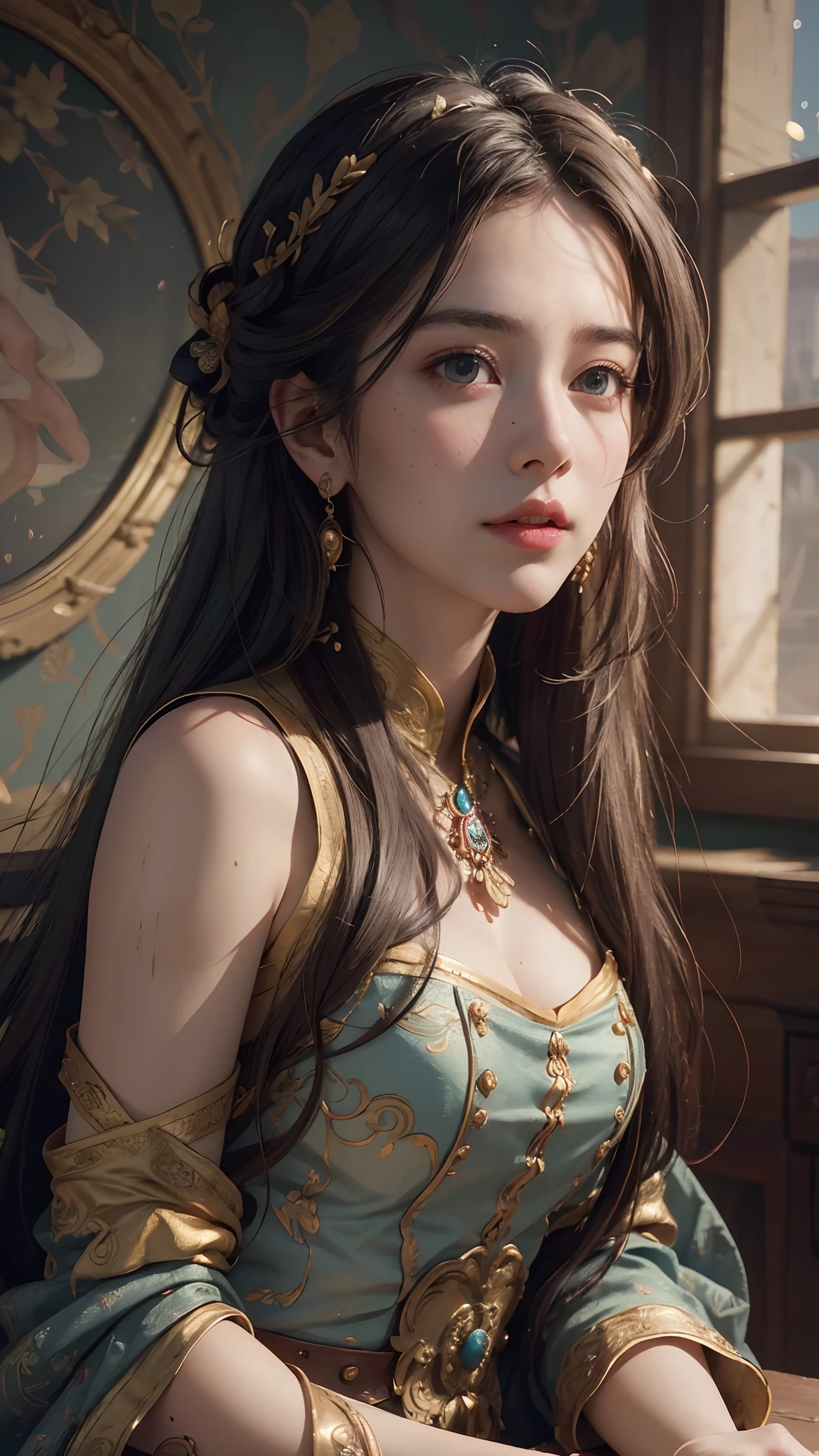 (RAW photo, best quality), (realistic, photo-realistic:1.3),best quality,highly detailed,masterpiece,ultra-detailed,illustration,1girl,upper_body,dynamic angle,world masterpiece theater,messy_long_hair,best quality,extremely detailed CG unity 8k wallpaper,ink,Amazing,cinematic lighting,lens_flare,,dunhuang_style