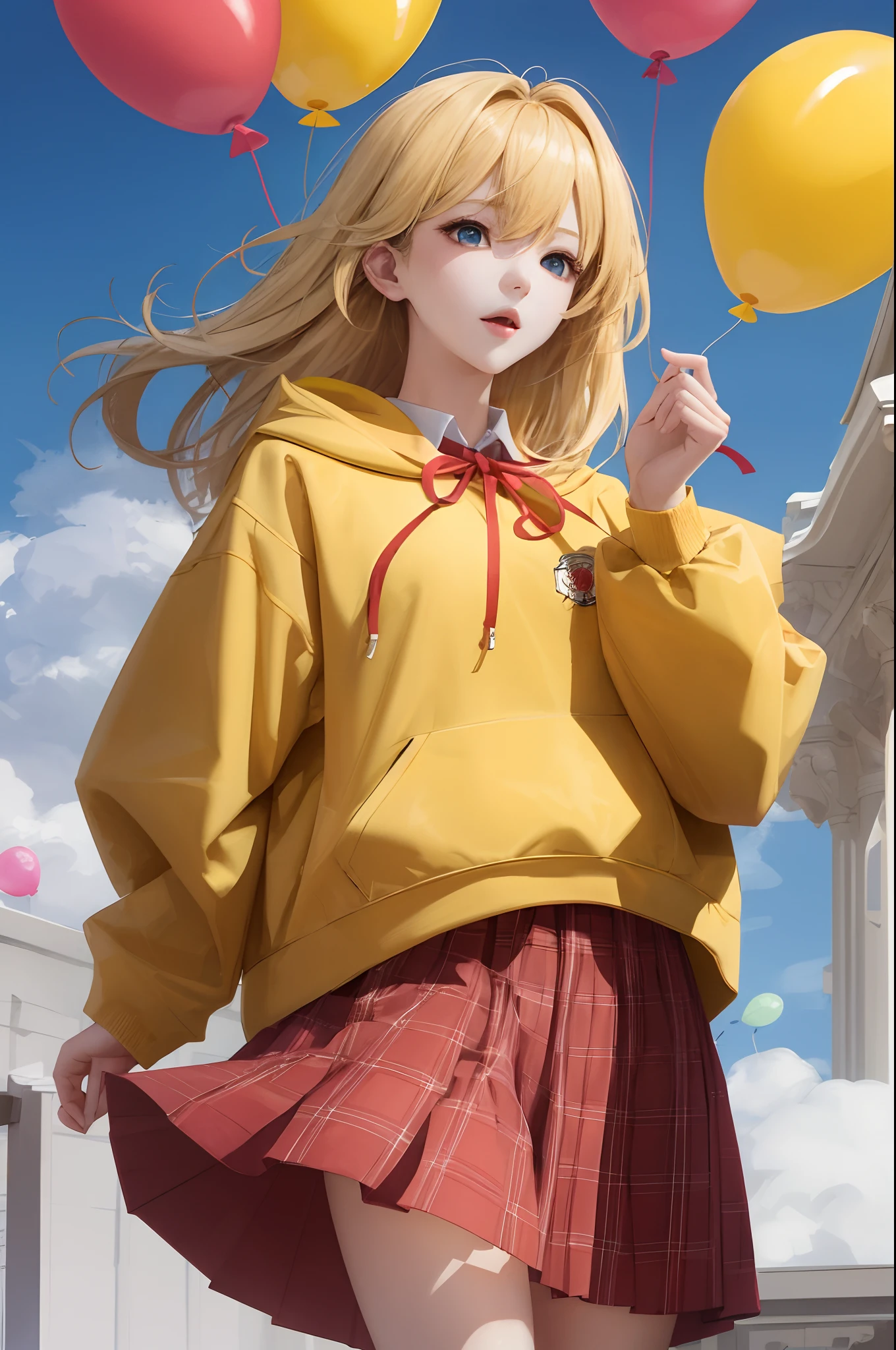 shoun、a blond、short、Chick food、Yellow hoodie、Balloons in hand、Red ribbon at neck、verd s eyes