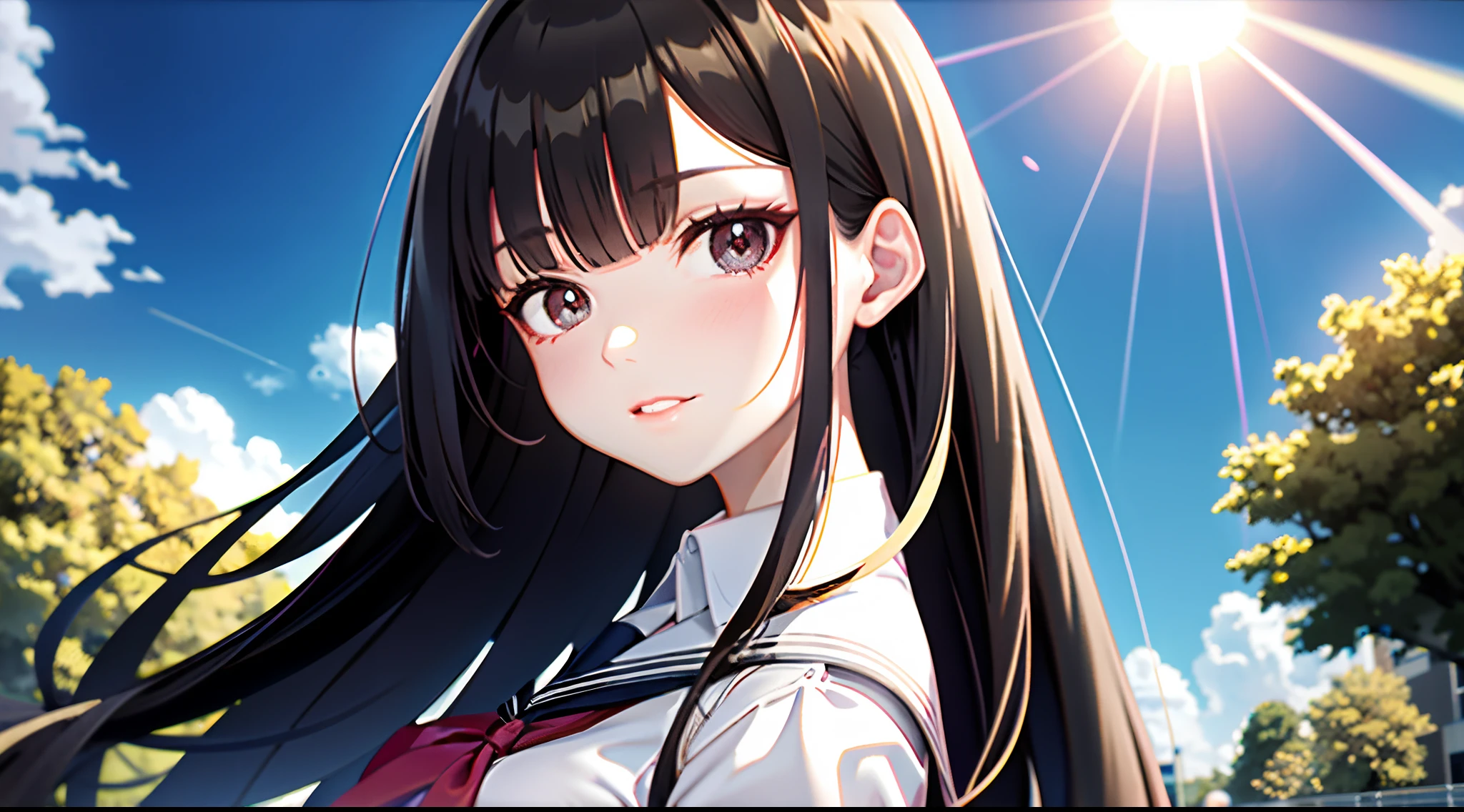 best quality, masterpiece, girl, Dark hair, dark eyes, school background, sun shining, shiny skin, sun flare, wearing a school uniform