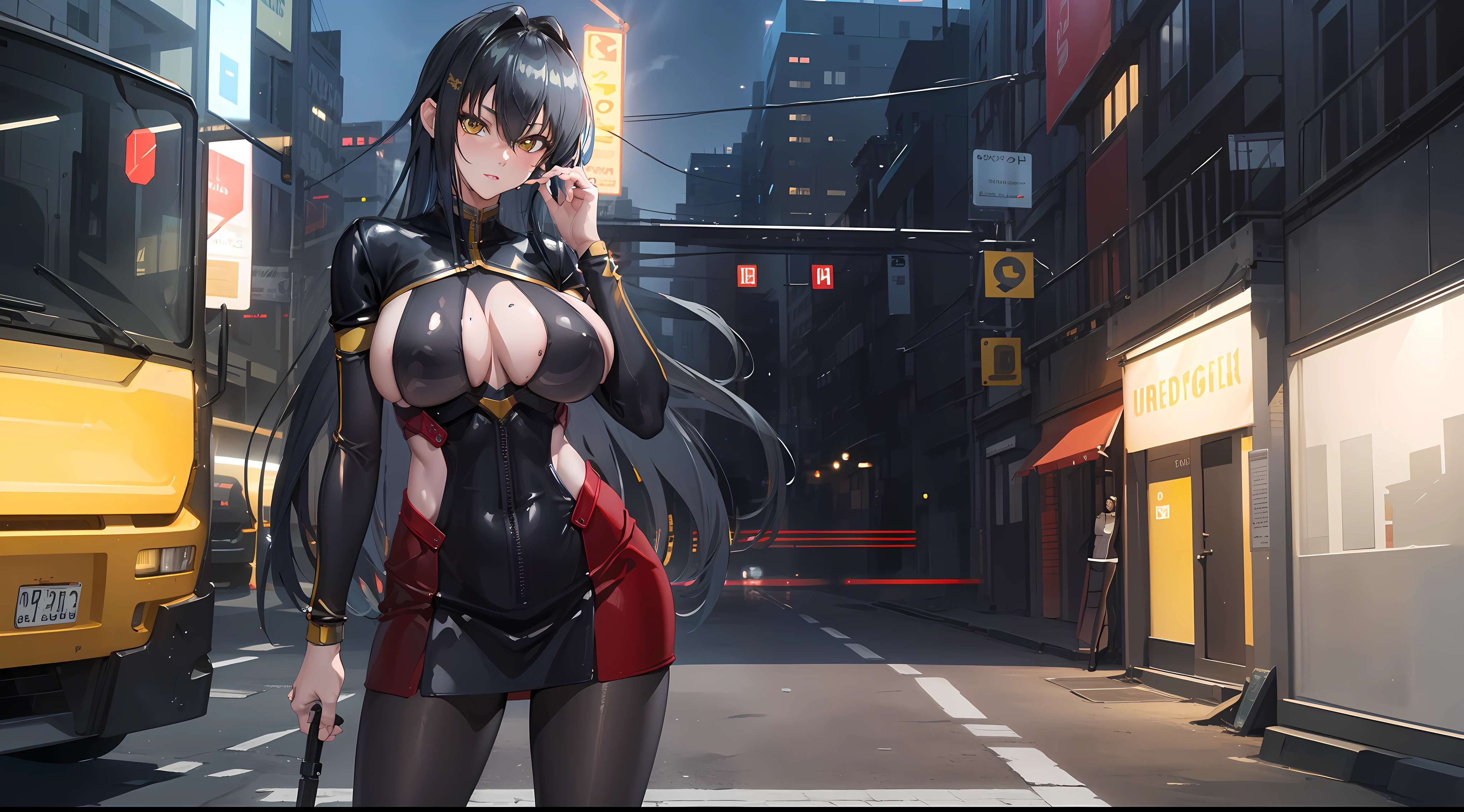 professional artwork, Intricate Details, field of view, sharp focus, detailed painting, photorealistic lighting, trending on pixiv, Standing at attention, black outfit ,yellow collared shirt,black and red bodysuit,skin_tight,black legwear, black pantyhose, Side_boob, black hair,very long hair, Bangs,yellow eyes,makeup, lipstick, 20yo,mature female,Beautiful Finger,Beautiful long legs,Beautiful body,Beautiful Nose,Beautiful character design, perfect eyes, perfect face, looking at viewer,official art,extremely detailed CG unreal engine 8k wallpaper, perfect lighting,Colorful, Bright_Front_face_Lighting, (masterpiece:1.0),(best_quality:1.0), ultra high res,4K,ultra-detailed, photography, 8K, HDR, highres, absurdres:1.2, Kodak portra 400, film grain, blurry background, (Beautiful,large_Breasts:1.4), (beautiful_face:1.5),(narrow_waist), (solo:1.4), ((landscape dimension)), rich detailed makeup, rich detailed eyeshadow, rich detailed lips, rich detailed lipstick, beautiful detail eyes