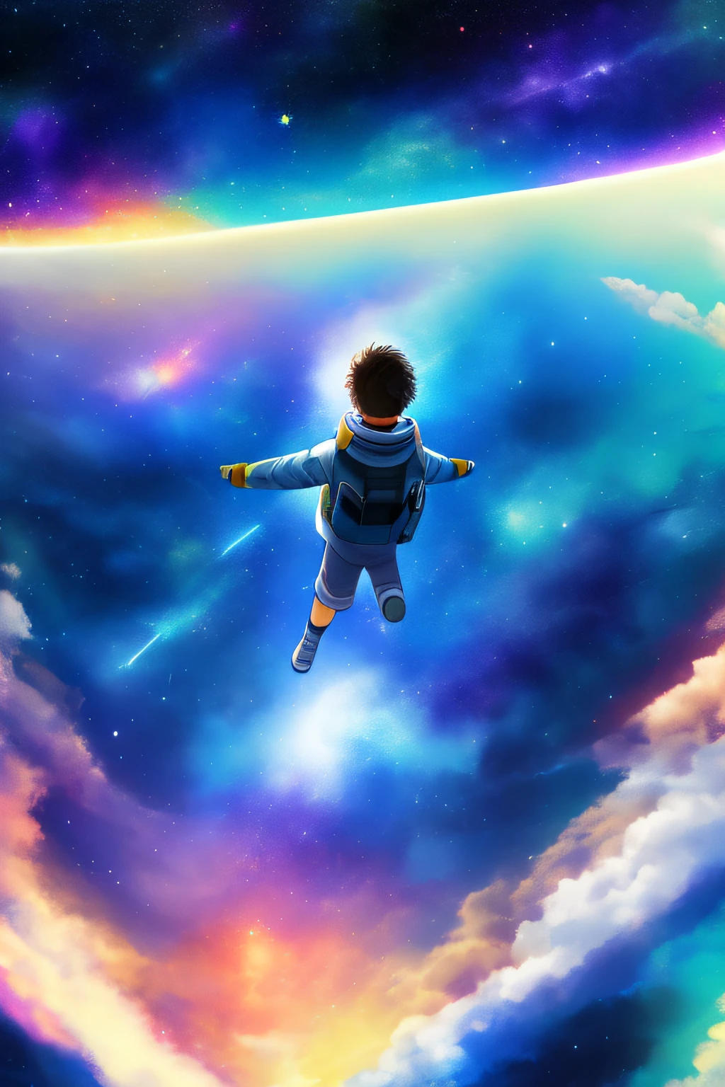 ridiculous resolution, high resolution, (masterpiece:1.4), super detailed, 1boy, seen from above, space, floating, --v 6