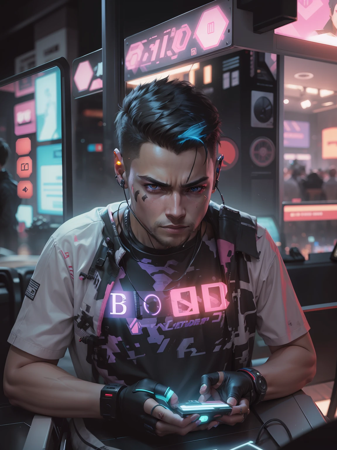 Change bd cyberpunk, boy using phone realistic face, 8k