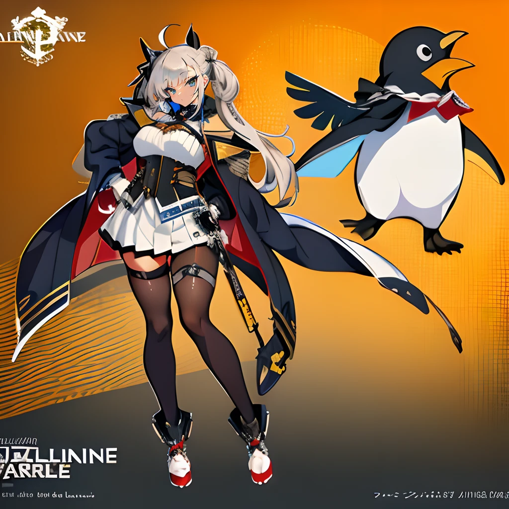 illustratio、(top-quality)、(((​masterpiece)))、(Hi-Res)、((full body Esbian))、Original、(1womanl)、A sexy、、Anime character with penguin and cape woman, mecha anthropomorphic penguin, Soldier Penguin, Anthropomorphic penguins, from girls frontline, penguin, Army of Robot Penguins, Penguin 0, cushart kenz, characters from azur lane, Fine details. girls' frontline, girls frontline style, from the azur lane videogame, kancolle