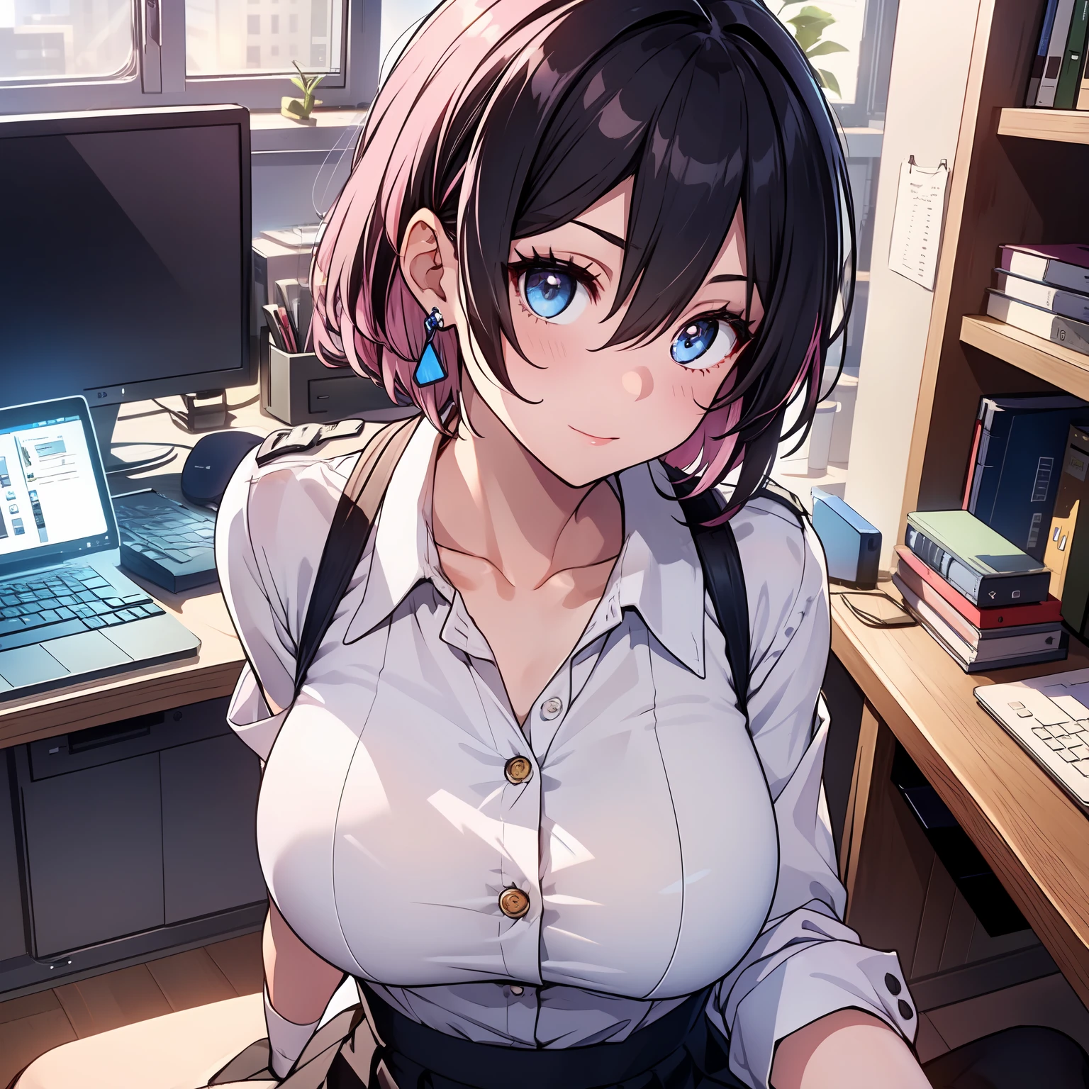 ph_Mar
Marhd
Mards
1girl
solo
hair between eyes
short hair
multicolored eyes, 1girl, solo, ((white shirt)), slim body, medium breasts, cleveage, black thighhighs, breasts, cleavage, uniform, office background, black skirt, pleated skirt, office, hair between eyes, blue earring, large breasts, looking at viewer, pink short nails, blue eyes, solo, thighhighs, thighs, ((masterpiece)), sitting, chair, desk, computer on desk, name tag, id tag, indoor, blush, sexy pose, hands behind,