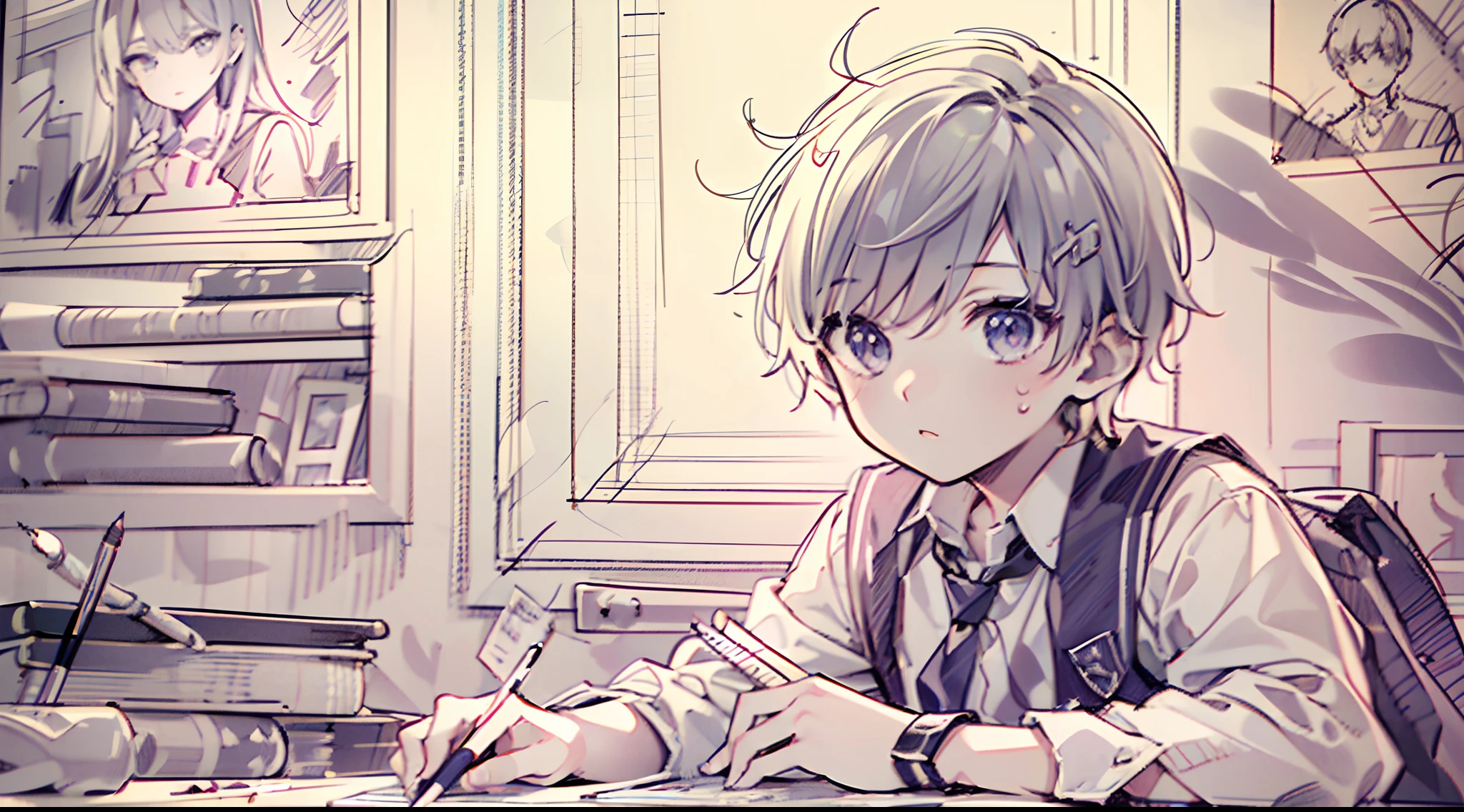Masterpiece, top quality, super detailed CG, intricate details:1.5), 8k wallpapers, elaborate features,
(1 person, solo:1.4), perfect cartoon illustration, (1 boy:1.4), school uniforms, plaster casts, drawing exercises(do sketching:1.5), pencil, canvas, at school art room,